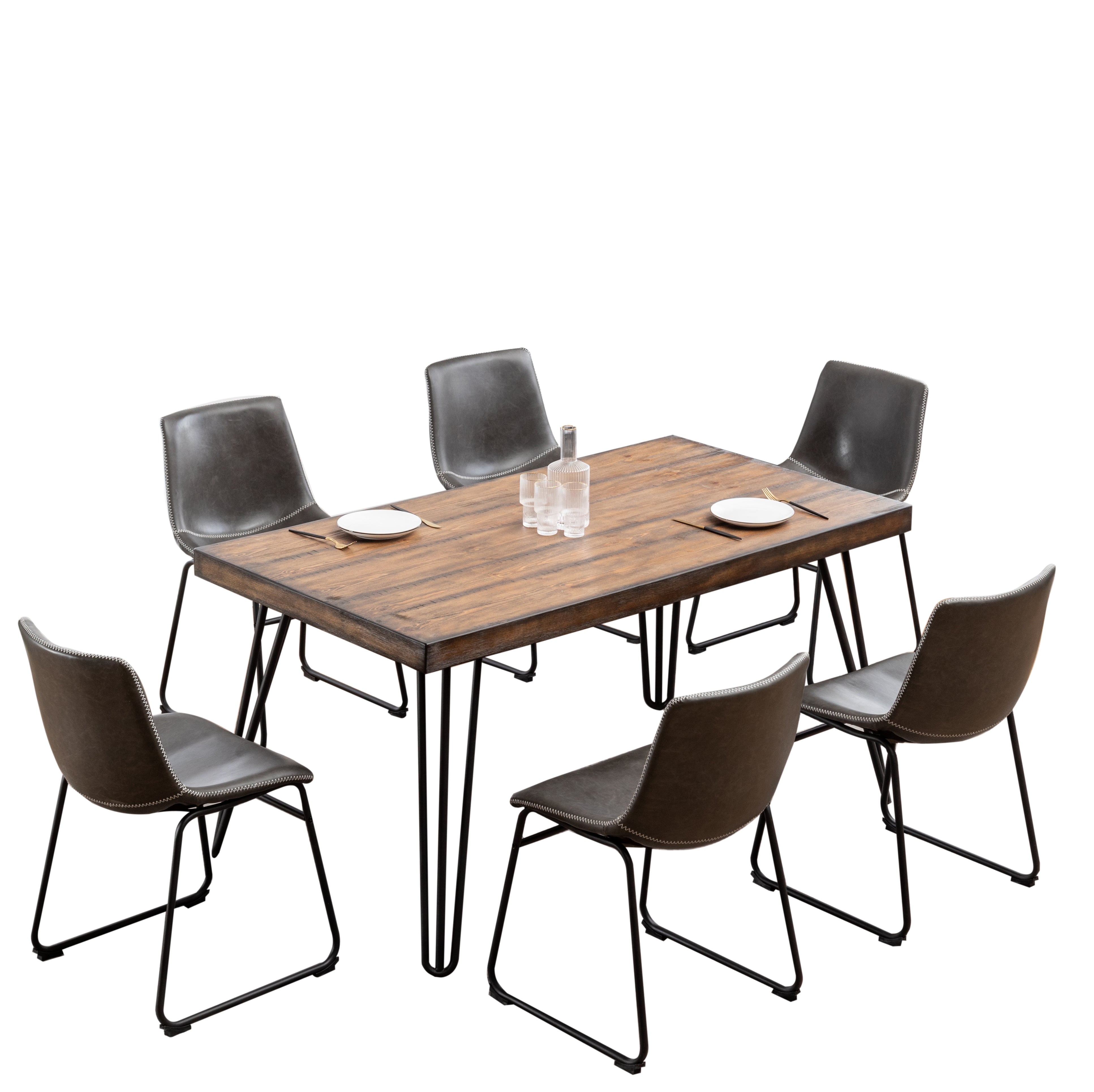 Roundhill Furniture Aryven 7-Piece Industrial Dining Set - Rustic Dark Pine Table & 6 Antique Gray Faux Leather Chairs for Farmhouse Kitchen & Dining Room Decor