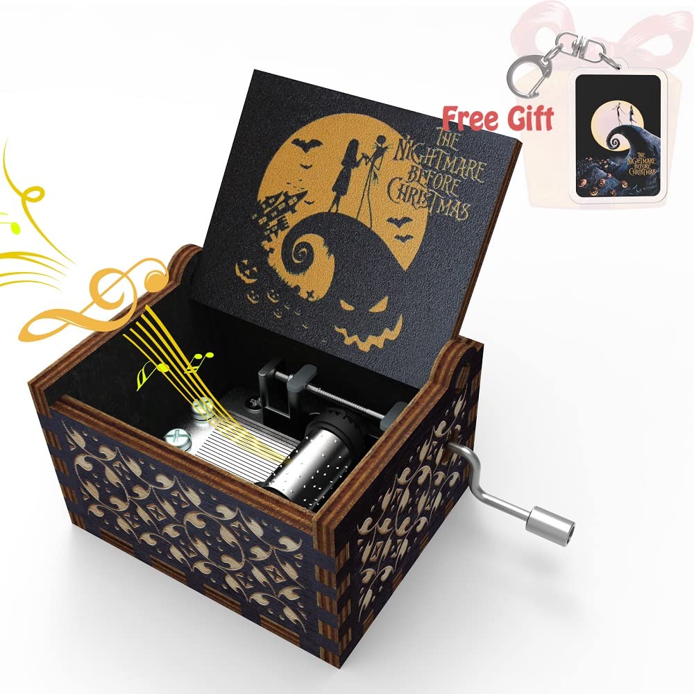 Hand Crank Wooden Music Box - Christmas Birthday Anniversary Gift for Daughter, Mom, Wife, Kids, Girlfriend & Women | Nightmare Before Christmas Theme | Home Decor, Nursery, Wedding, Party Favors