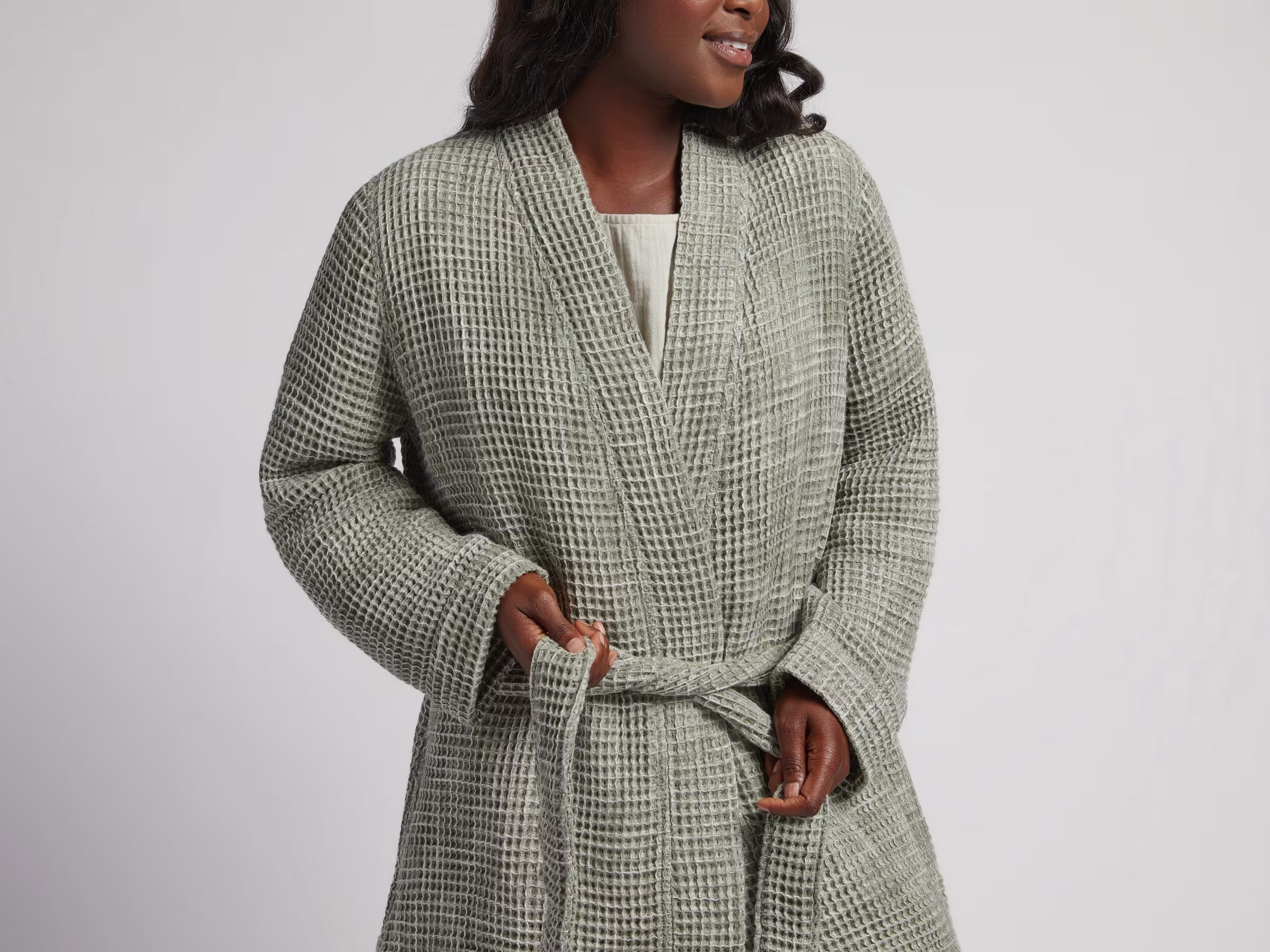 Cozy Moss Green Waffle Weave Robe for Women - Soft & Breathable Bathrobe for Spa, Lounge & Relaxation at Home