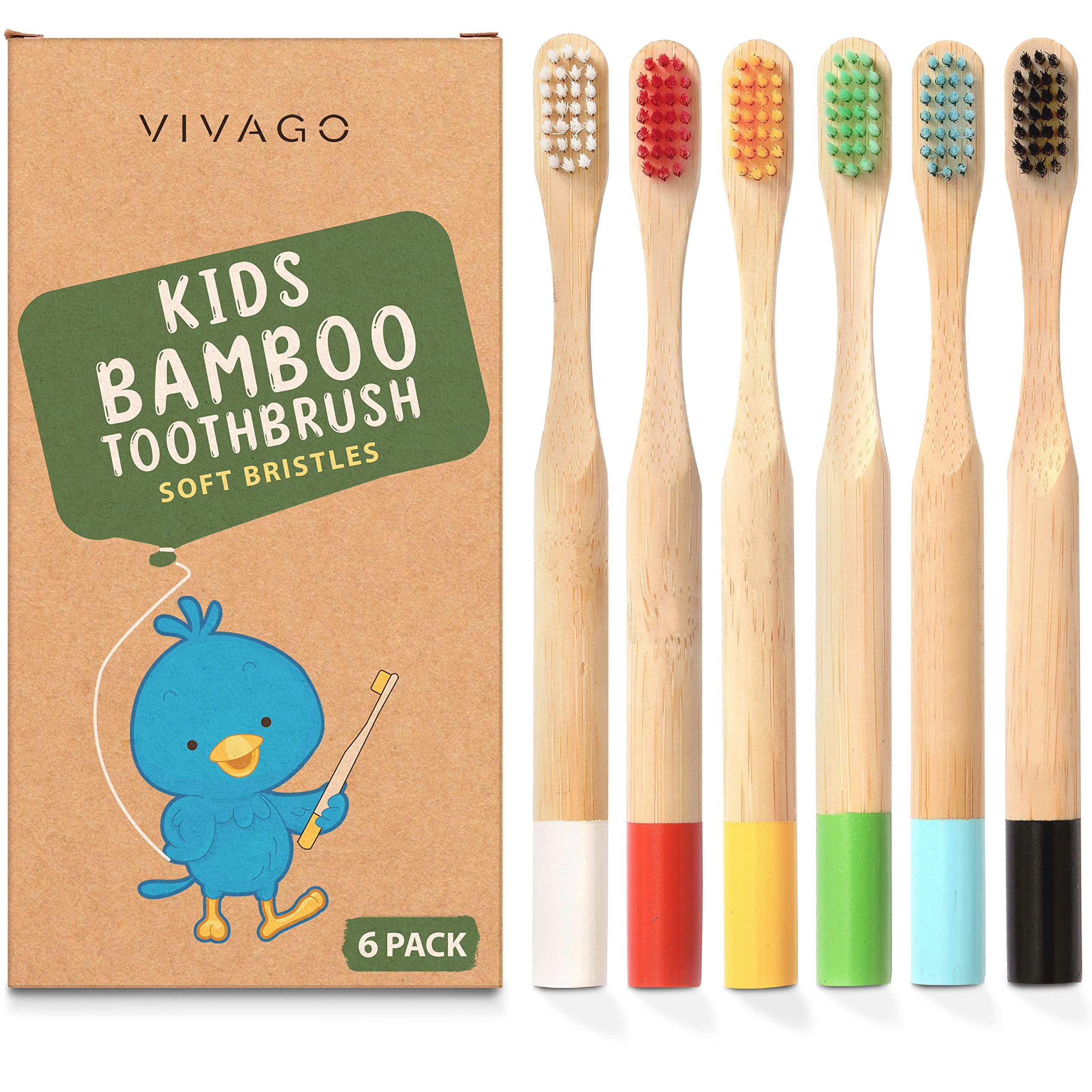 VIVAGO Kids Bamboo Toothbrushes 6 Pack | BPA Free Soft Bristles Toothbrush Set for Children | Eco-Friendly Biodegradable Natural Wooden Toothbrushes | Perfect for Travel, School & Daily Oral Care