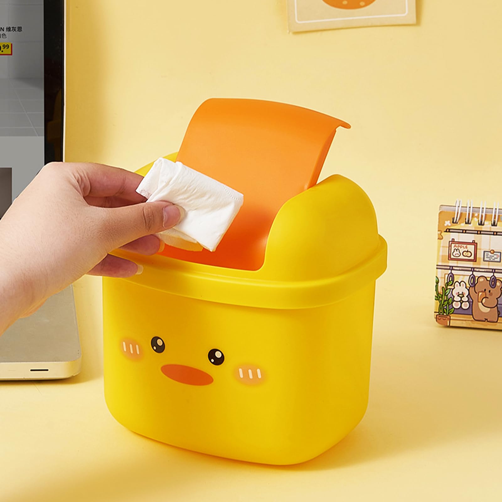 Cute Small Trash Can with Flip Lid - Mini Desktop Garbage Bin in Kawaii Cartoon Animal Shape for Bedroom, Bathroom, Kitchen & Office - Perfect for Home, Dorm, Desk & Vanity Organization (Yellow)