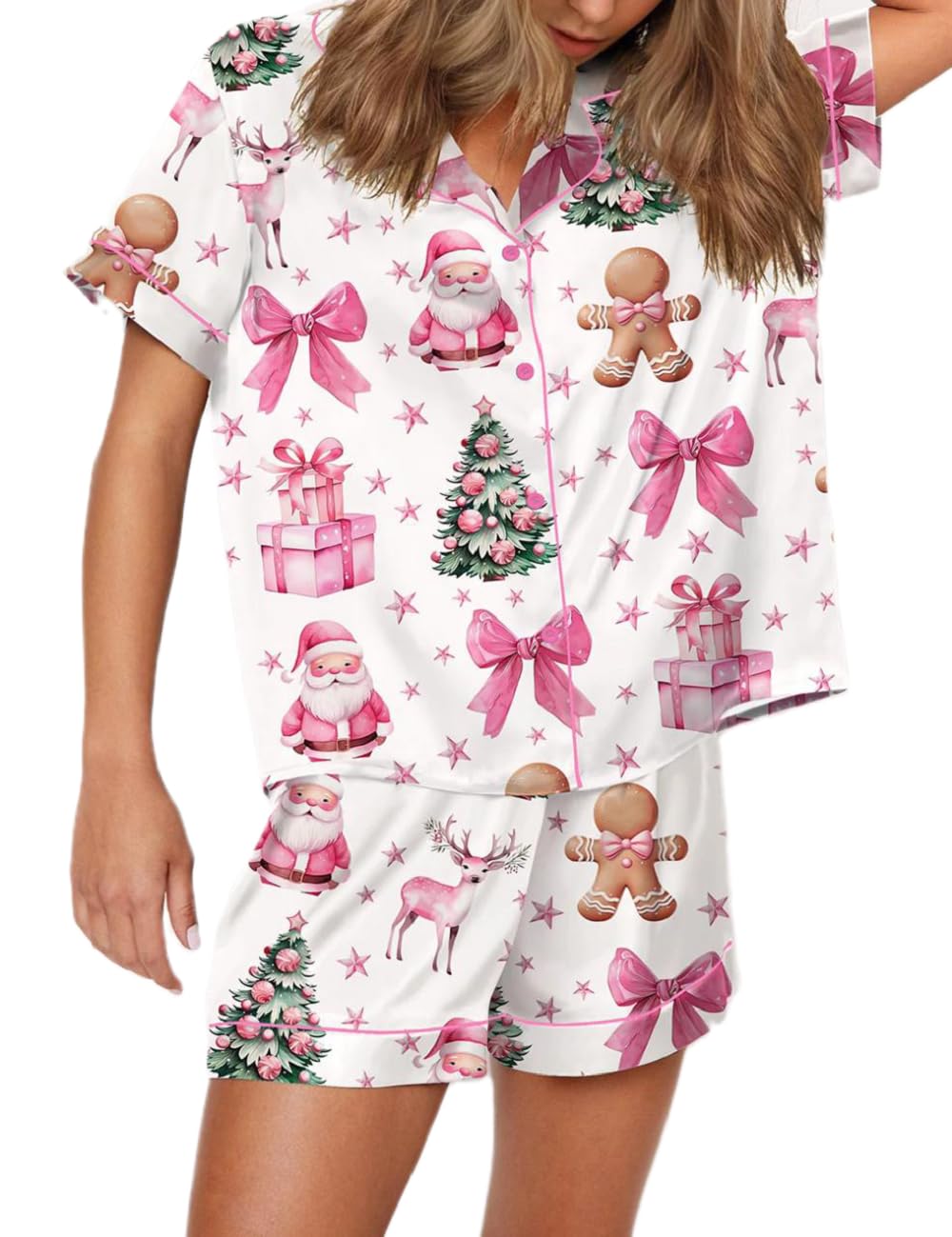 Juakoso Women's Christmas Pajama Set - Trendy Print Button Down Lounge Wear - Silk Satin 2 Piece Sleepwear - Y2K Style Pajamas for Holiday Parties & Cozy Nights