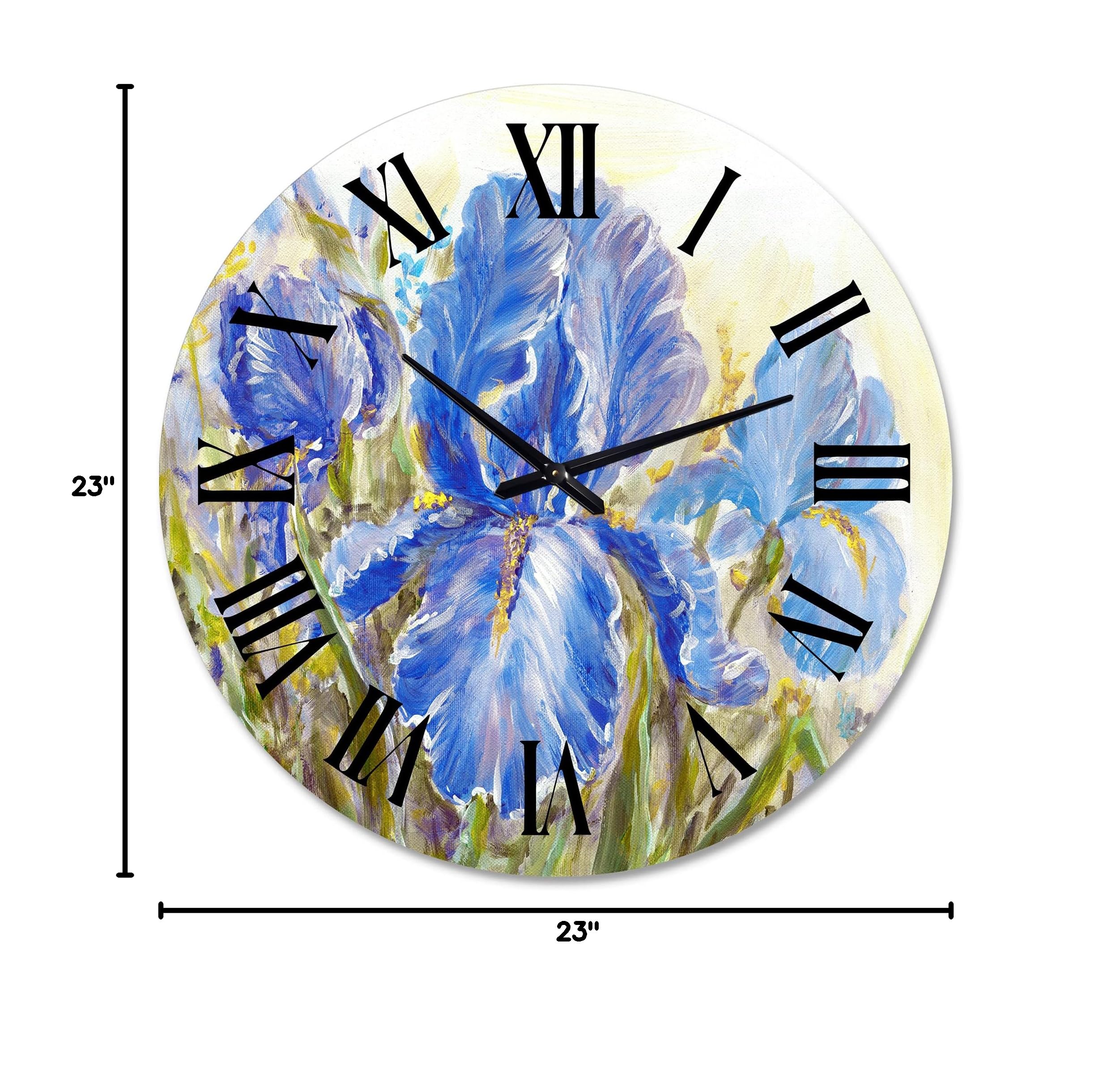 DesignQ Traditional Wall Clock 'Irises Blossoming Flowers' - Large Floral & Botanical Wall Clock for Home Decor - Perfect for Living Room, Bedroom, Office & Kitchen