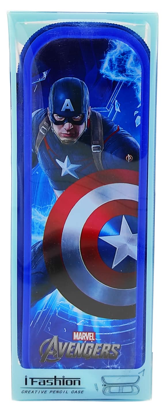 Johnnie Boy Captain America Pencil Box with Built-in Pencil Stand - Durable & Spacious Zippered Pencil Case for Boys (Dark Blue) - Perfect for School, Office & Travel Organization