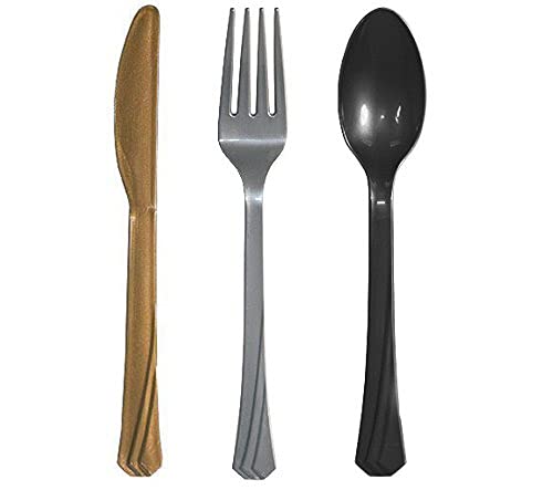 Premium Tiger Chef Gold Silver & Black Plastic Flatware Set - 192 Forks, 192 Teaspoons, 192 Knives (576-Piece) for New Year Parties, Weddings & Special Events - Heavyweight Disposable Cutlery for Elegant Dining