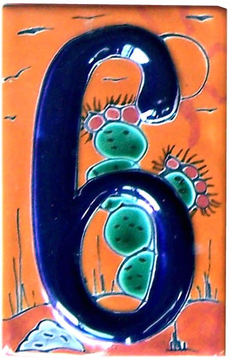Hand-Painted Desert Talavera Ceramic House Number 6 - Vibrant Mexican Style Address Plaque for Front Door, Garden, or Mailbox Decoration