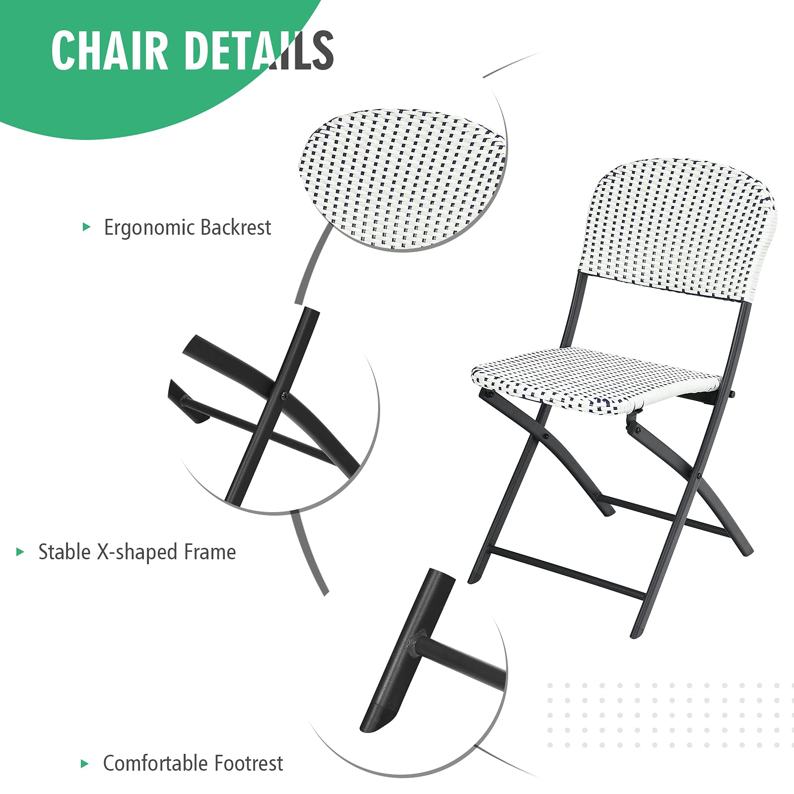 Giantex 3-Piece Patio Dining Set - Folding Bistro Table with 2 Rattan Chairs, Metal Frame Indoor/Outdoor Furniture for Garden, Balcony, Porch, Yard, Lawn & Poolside (White & Black) - Perfect for Outdoor Entertaining, Relaxing & Dining Al Fresco