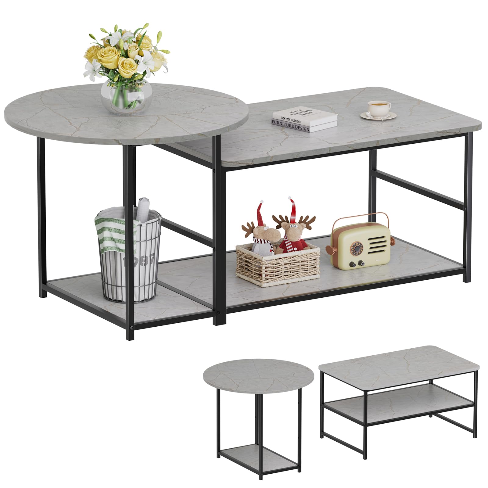 Modern WOHOMO Coffee Table with Storage - 2-in-1 Detachable Marble Top Living Room Center Table (Grey) - Perfect for Small Spaces, Apartments & Contemporary Home Decor