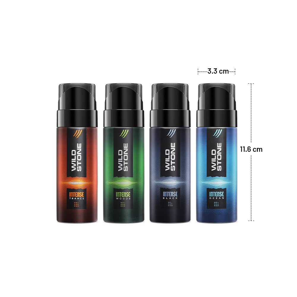 Wild Stone Intense No Gas Deodorant Spray for Men - Travel Pack Gift Set (4x40ml) with Black, Ocean, Trance & Woods Scents | Long-Lasting Freshness | Perfect for Gym, Office & Outdoor Activities