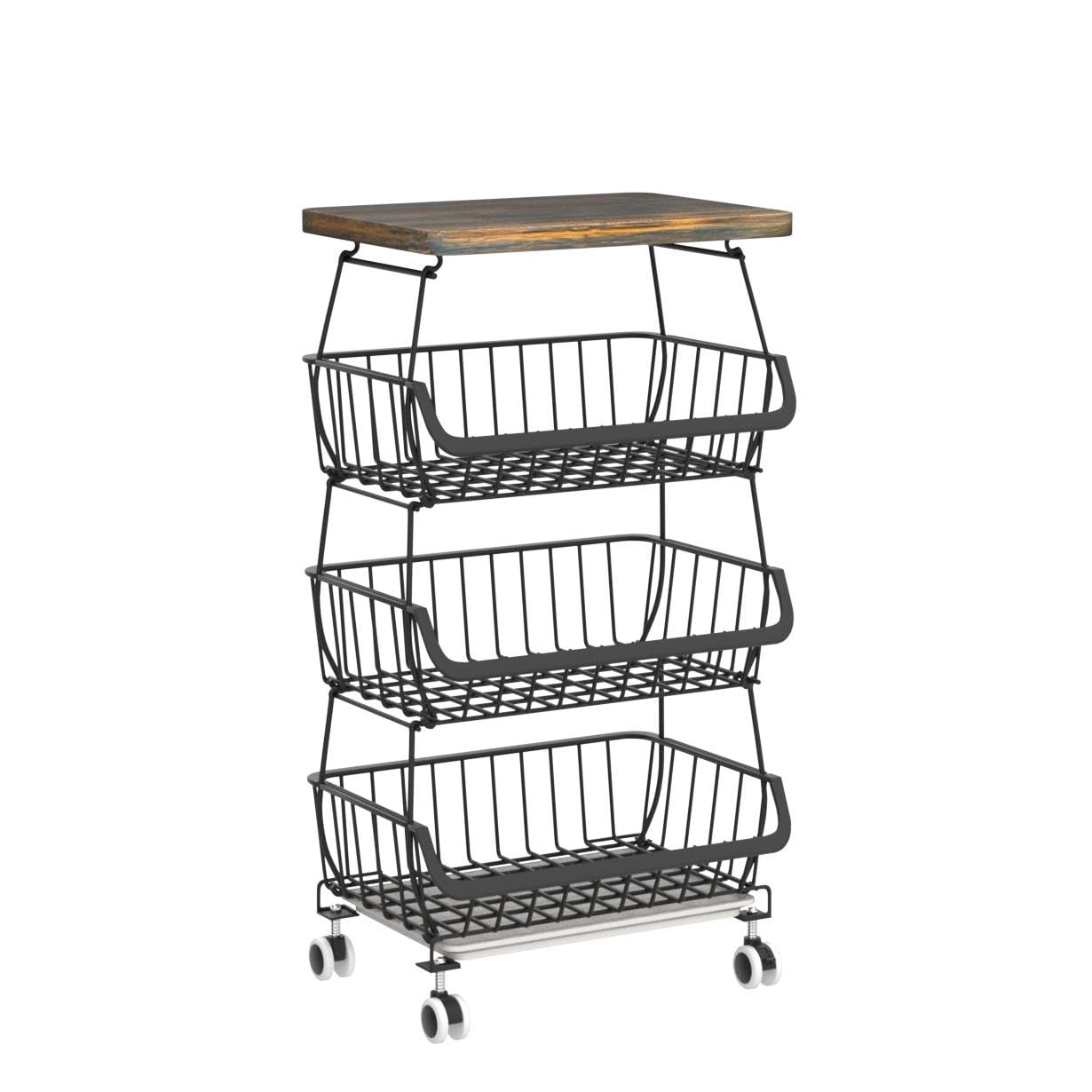 5-Tier Stackable Metal Storage Basket Stand with Wood Top & Wheels - Organizer for Kitchen Pantry, Bathroom, Garage - Perfect for Fruits, Vegetables, Toys & Home Organization
