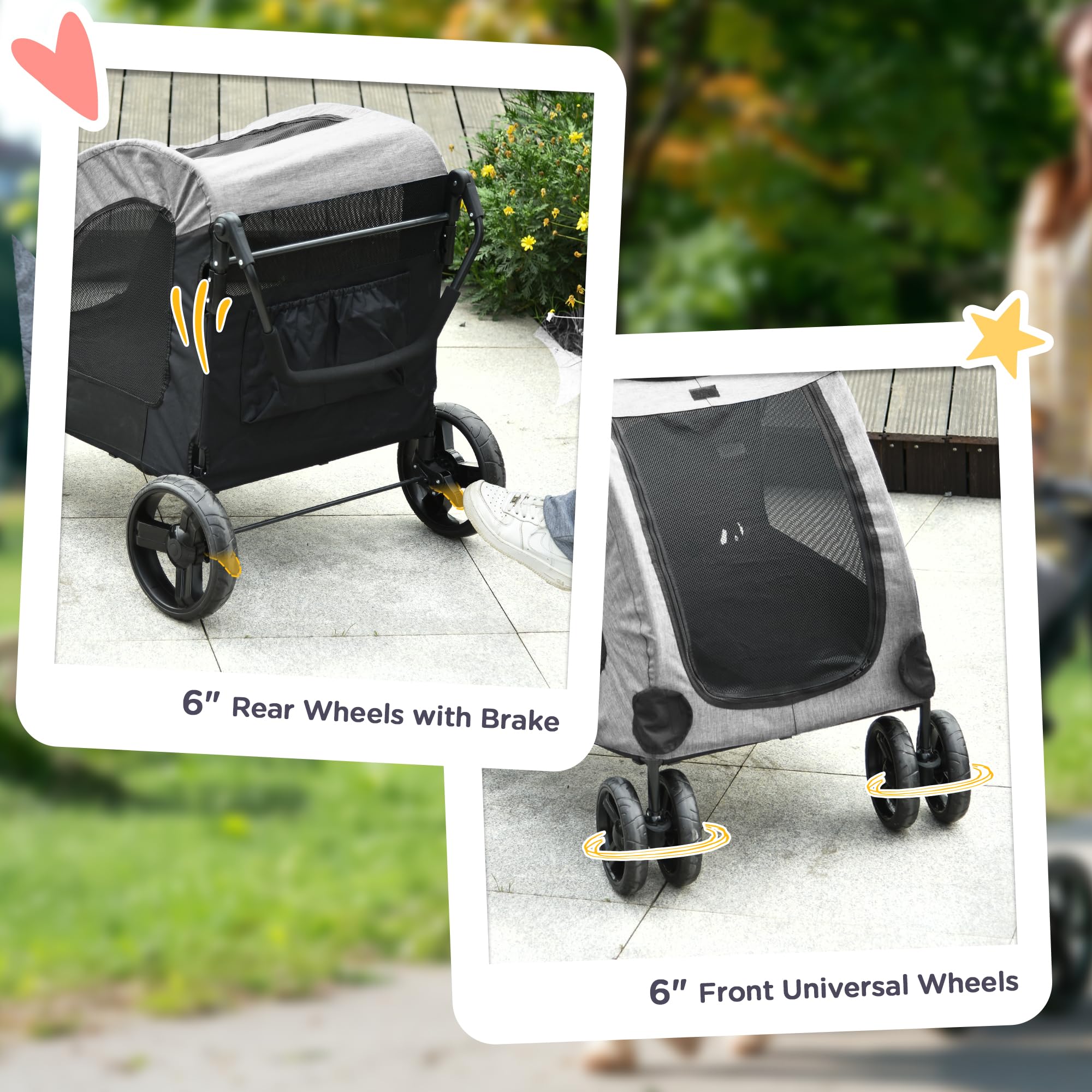 PawHut 4-Wheel Folding Dog Stroller for Medium & Large Dogs - Universal Wheels, Storage Basket & Safety Leash - Gray Pet Carrier for Walking, Shopping & Outdoor Adventures