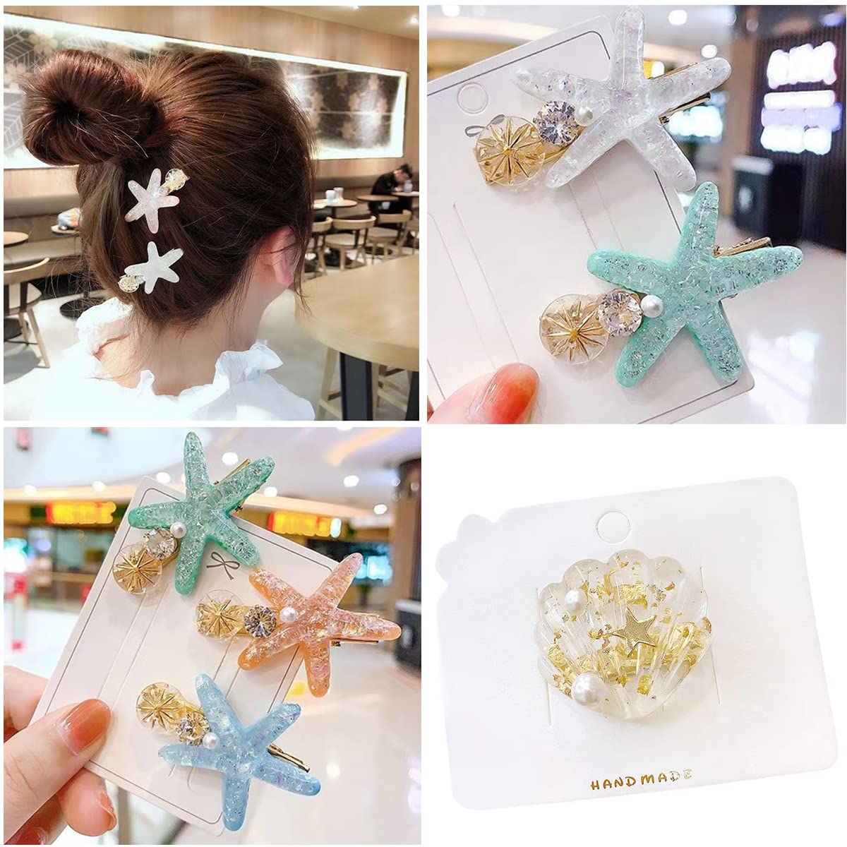 6Pcs Artificial Shell Pearl Starfish Hair Clips for Women - Elegant Hair Accessories Set with Super Flash Edge for Bangs, Parties, Weddings & Beach Occasions