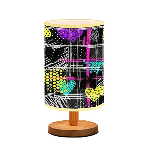 Minimalist Abstract Geometric Table Lamp - Wooden Flaxen Fabric Shade Nightstand Light for Bedroom, Living Room & Office | Modern Chaotic Pattern Design with Urban Elements | Perfect for Reading, Breastfeeding & Ambient Lighting