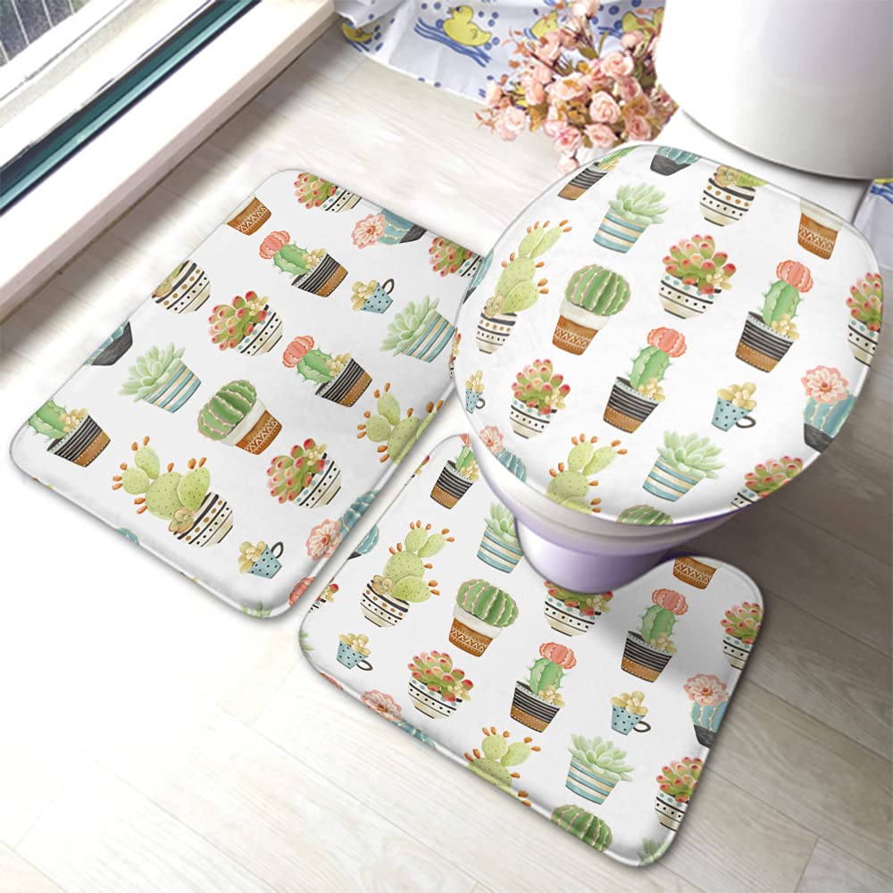 WONDERTIFY Non-Slip Bathroom Rug Set - 3 Piece Cactus Succulent Flower Design (Bath Mat, Contour Mat & Toilet Lid Cover) for Bathroom Decor & Safety