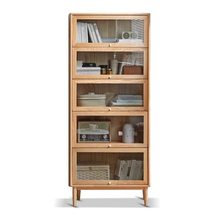 Premium Oak Solid Wood Multi-Layer Flip Door Glass Bookcase - Stylish Home Office Library Storage for Books, Decor & Collectibles