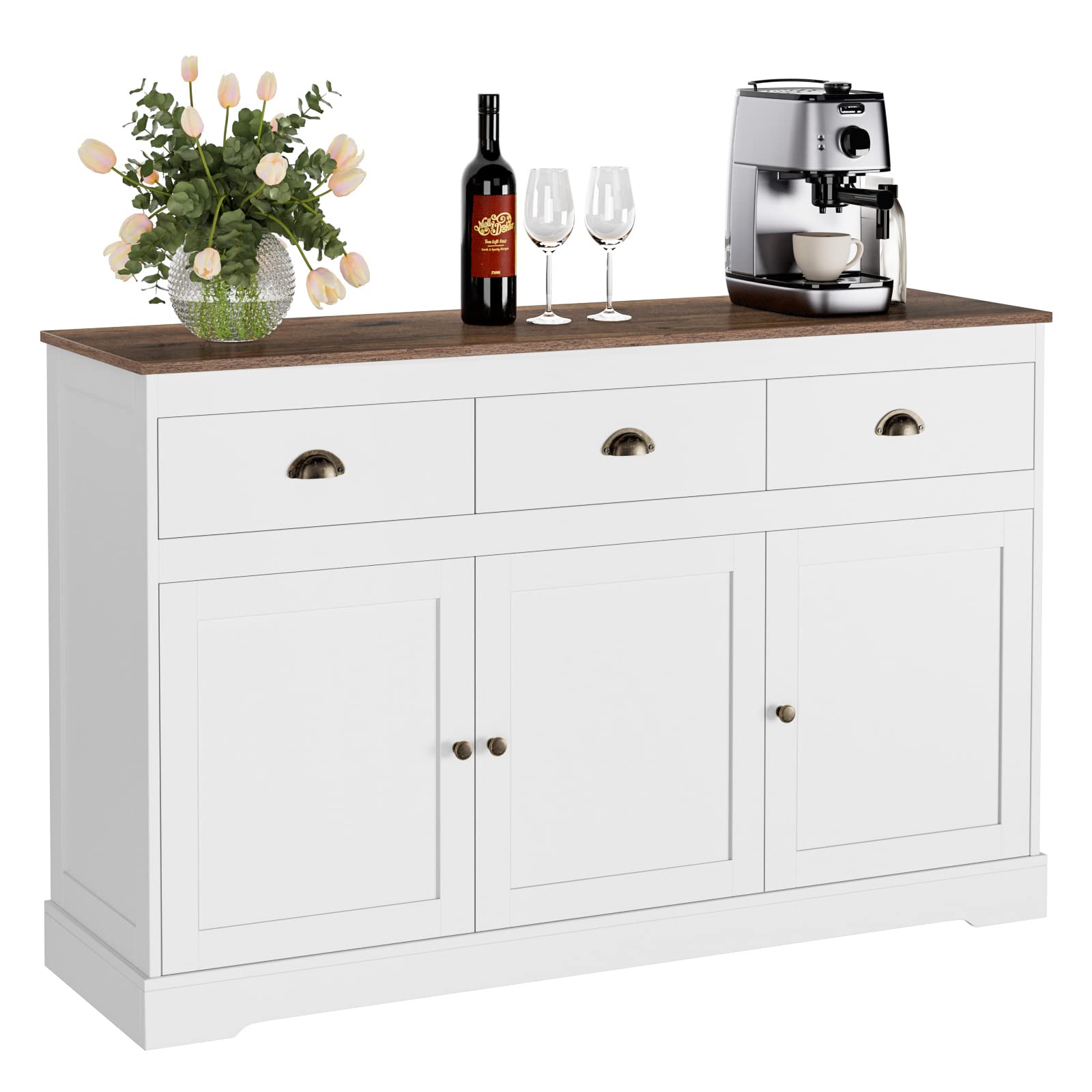 Farmhouse Style White Buffet Cabinet with 3 Drawers & 3 Doors - Adjustable Shelves Storage Sideboard for Dining Room, Living Room & Kitchen - Wine Bar Cabinet, Server Console & Cupboard Organizer - Perfect for Entertaining, Storage & Home Decor