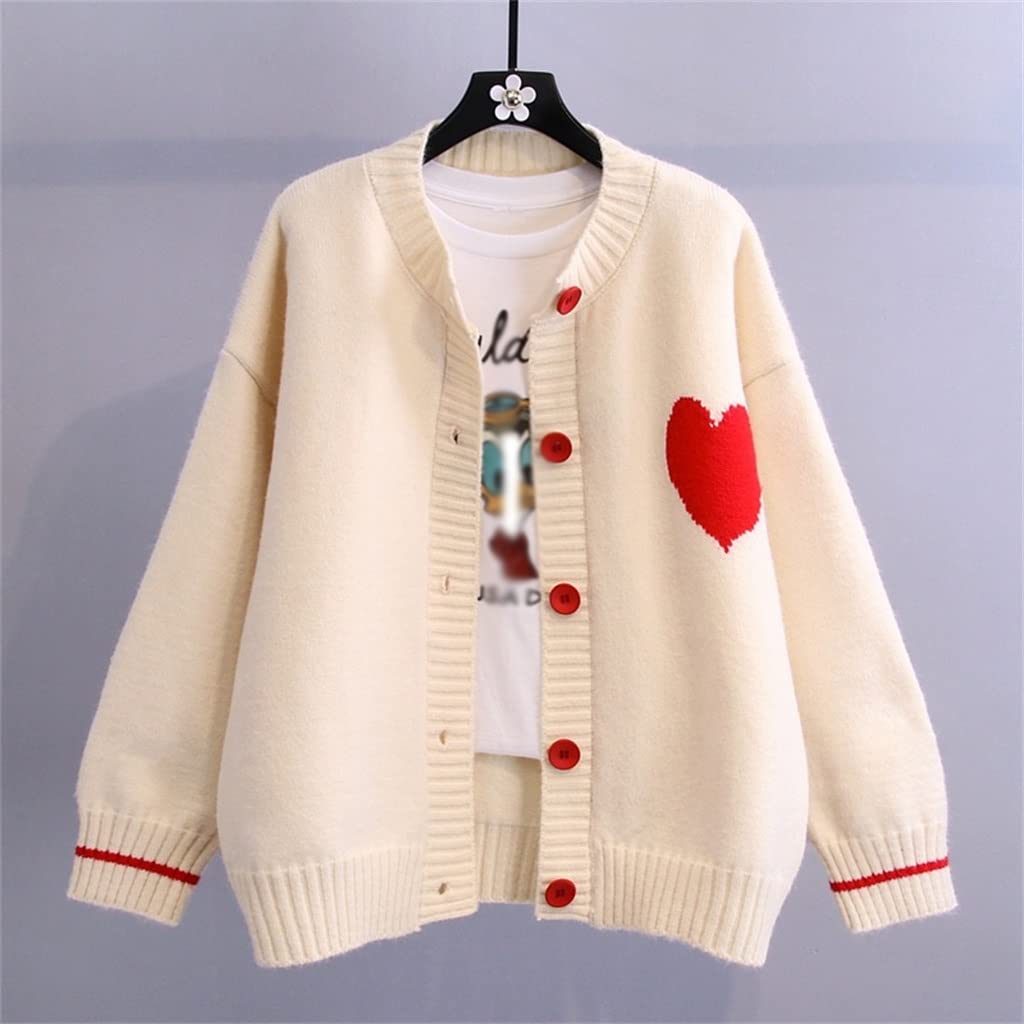 Women's Love Heart Pattern Long Sleeve Cardigan - V Neck Single Breasted Knit Sweater Coat - Elastic Stretch Tops (White, One Size) for Casual Wear, Office Outfits & Date Nights