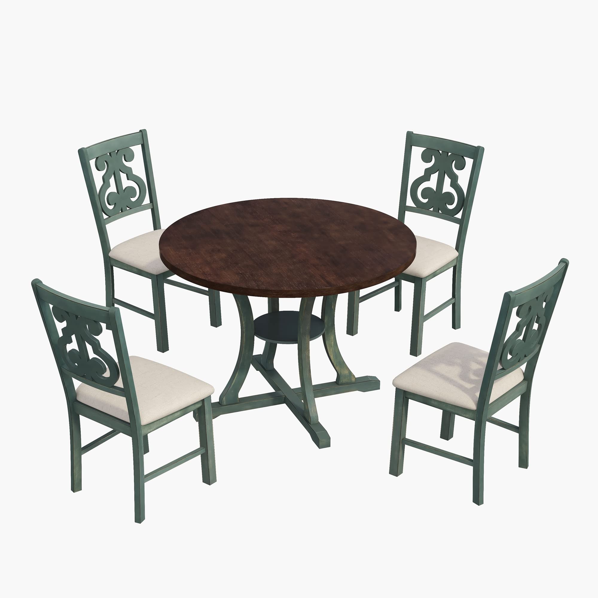Polibi 5-Piece Round Wooden Dining Table Set with 4 Chairs - Special-Shaped Legs & Exquisite Hollow Back Design - Antique Blue/Dark Brown - Perfect for Dining Room, Kitchen, Breakfast Nook & Small Space Decor