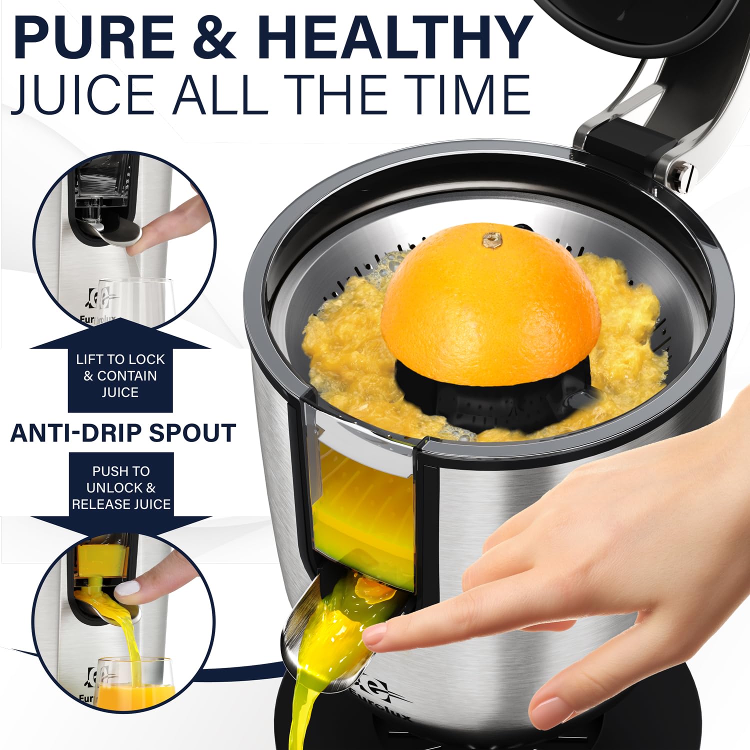Premium Electric Orange Juicer - Stainless Steel Citrus Squeezer with Powerful Motor, Soft Grip Handle & Auto Shutoff | Dishwasher Safe, Adjustable Pulp Control | Perfect for Fresh Juice, Cocktails, Breakfast & Healthy Living