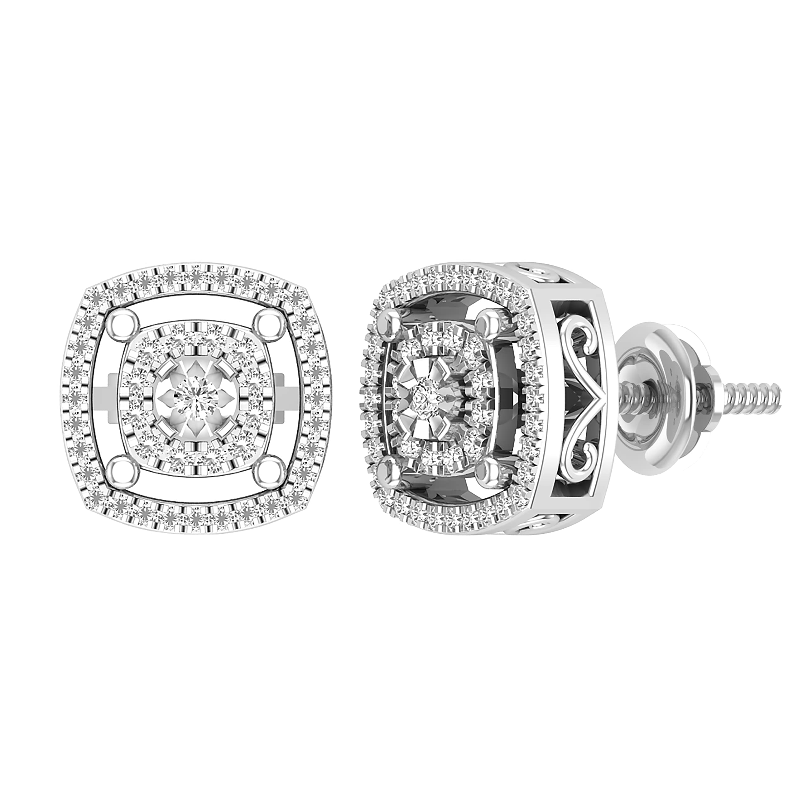 Dazzlingrock Collection Round White Diamond Double Cushion Flower Screwback Stud Earrings for Women - 0.28ctw, I-J Color - Perfect for Weddings, Parties & Special Occasions
