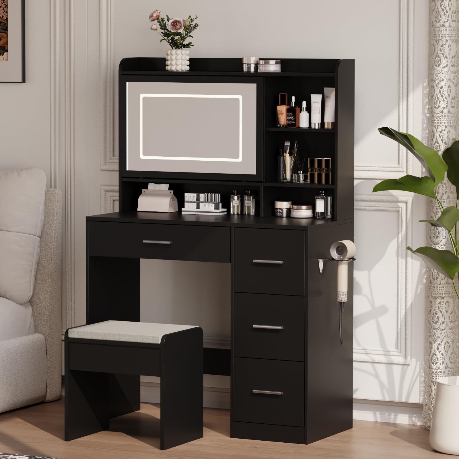 Vanity Desk with Mirror & LED Lights, Adjustable Lighting Modes, Power Outlet & Storage Drawers - Elegant Dressing Table with Stool for Bedroom, Makeup & Beauty (Black) | Perfect for Home Decor, Cosmetics Organization & Vanity Setup