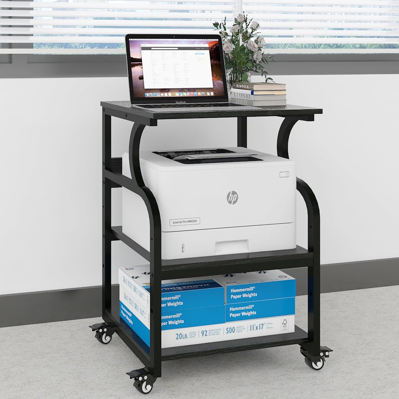 Natwind Large Printer Stand - 24''x20''x29'' Adjustable Storage Shelf Rolling Cart with Wheels, 3-Tier Multifunctional Shelves for Heat Press & 3D Printer, Home Office Organization (Black) - Perfect for Craft Rooms, Printing Workshops & Small Business Spaces