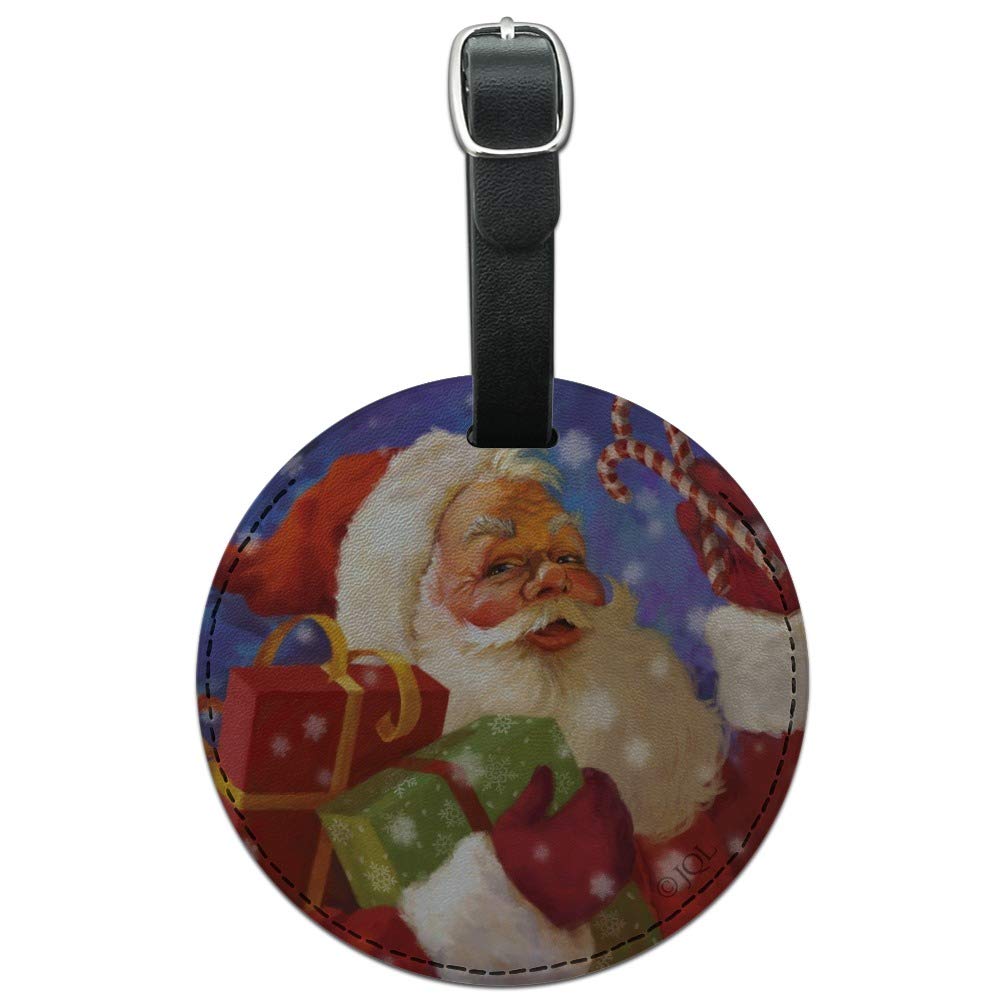 Christmas Santa Candy Cane Round Leather Luggage Tag - Personalized ID Card Holder for Travel Bags, Suitcases & Backpacks | Perfect Holiday Gift for Christmas Travel & Vacation