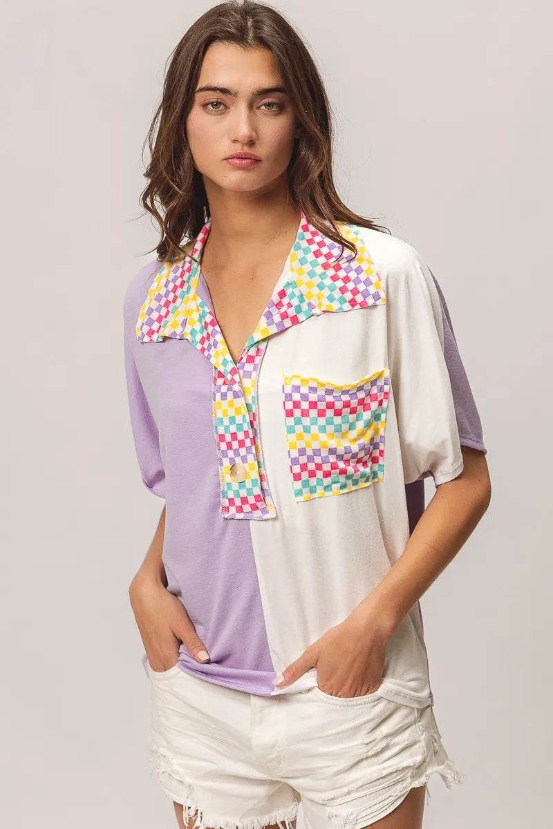 Stylish BiBi Color Block Knit Top with Multi Checker Contrast Design - Perfect for Casual Outings, Office Wear & Date Nights
