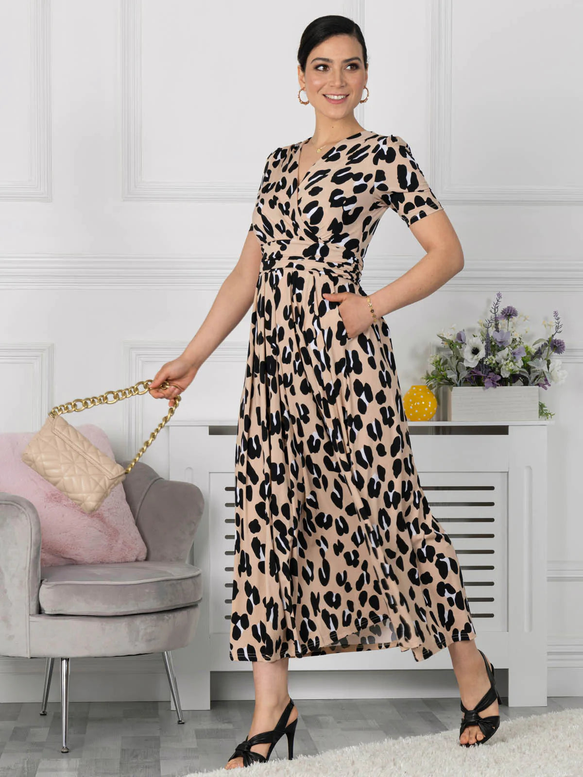 Kiera Wrap Front Maxi Dress in Camel Animal Print - Flowy Boho Summer Dress for Beach Vacation, Date Night & Casual Outings