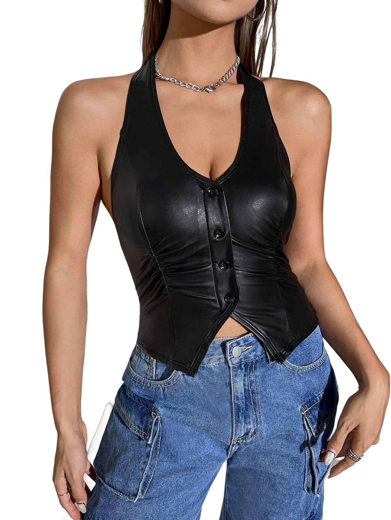 Verdusa Women's PU Leather Crop Halter Top - Button Front Ruched V-Neck Design for Casual Outings, Date Nights & Summer Fashion