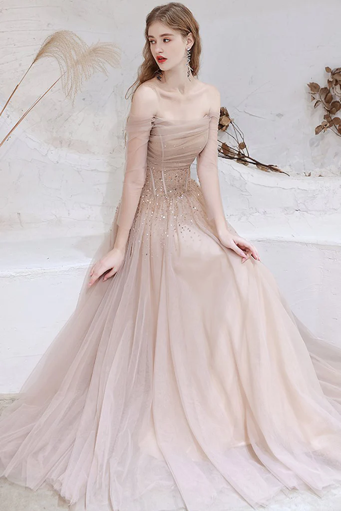 Elegant Off Shoulder A-Line Tulle Prom Dress with Sequins - Long Sleeve Formal Evening Gown 306 for Homecoming, Wedding, and Special Occasions