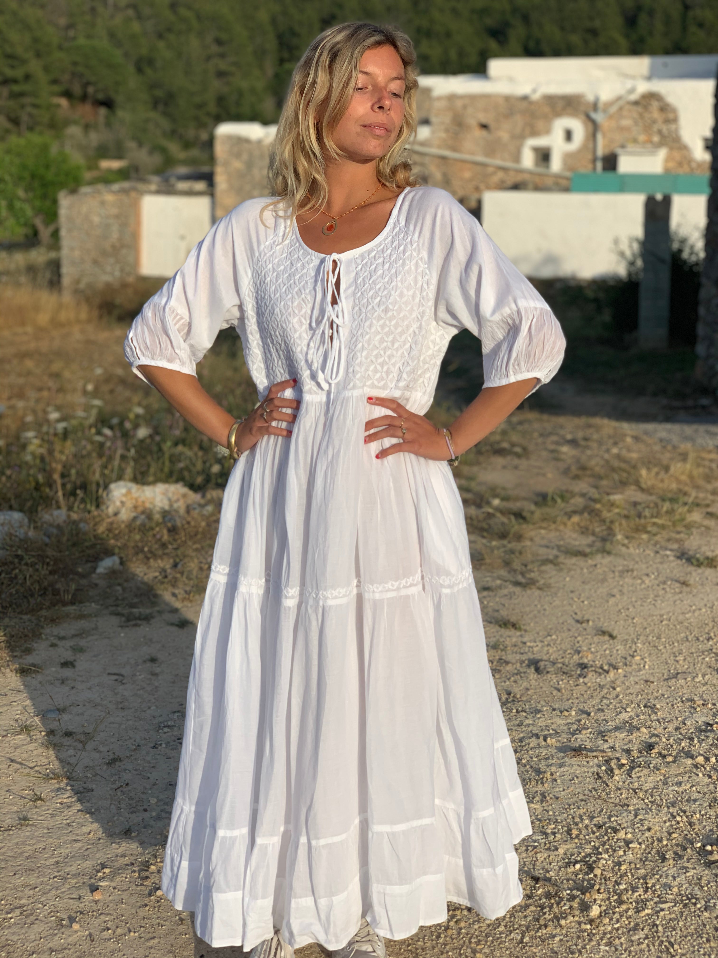 Happy Hippy White Cotton Dress - Boho Chic Summer Maxi Dress for Women | Perfect for Beach, Festivals & Casual Outings