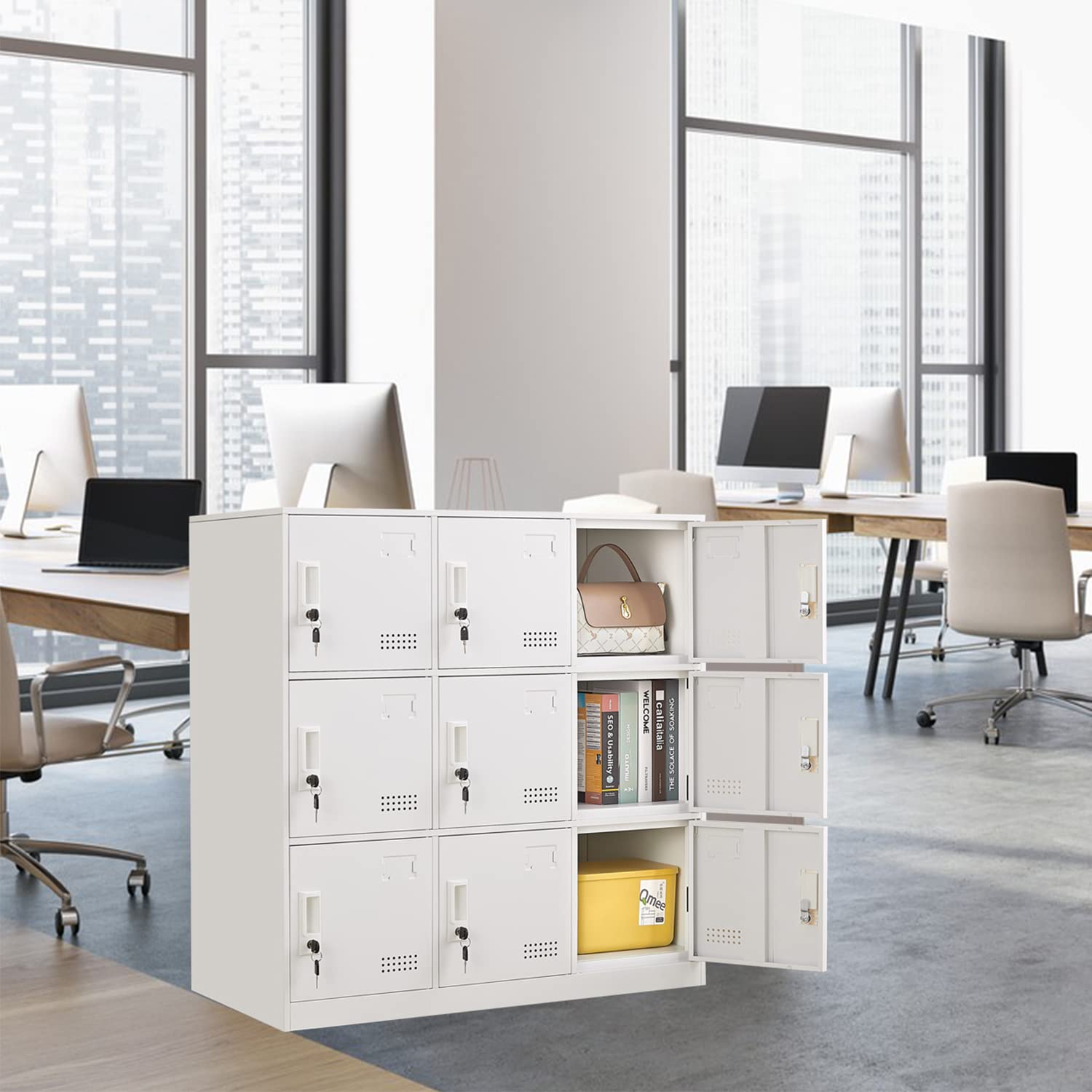 9-Door Metal Locker Storage Cabinet - Heavy Duty Steel Office Lockers with Key Lock & Ventilation - Secure Employee Storage for Office, School, Gym, Garage & Warehouse Organization