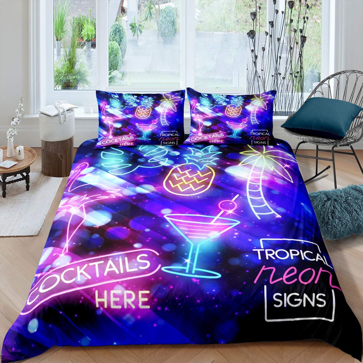 Feelyou Tropical Palm Leaves Duvet Cover Set - Pineapple & Flamingo Hawaiian Beach Theme Bedding for Kids, Boys, Girls & Teens - Colorful Natural Scenery Twin Size 2-Piece Zipper Closure - Perfect for Beach House Decor, Summer Bedroom Makeover & Tropical Vacation Inspired Rooms