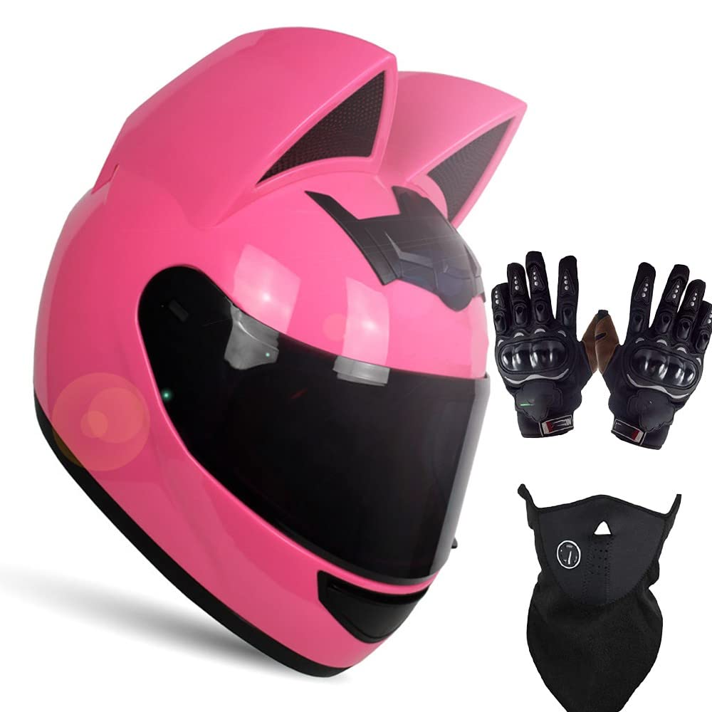Cat Ear Motorcycle Helmet for Women - DOT/ECE Certified Bicycle & Street Bike Helmet with Gloves & Neck Guard - Cute Safety Gear for Girls - Perfect Gift for Female Riders (Size B/L) - Ideal for Commuting, Cycling & Motorcycle Riding
