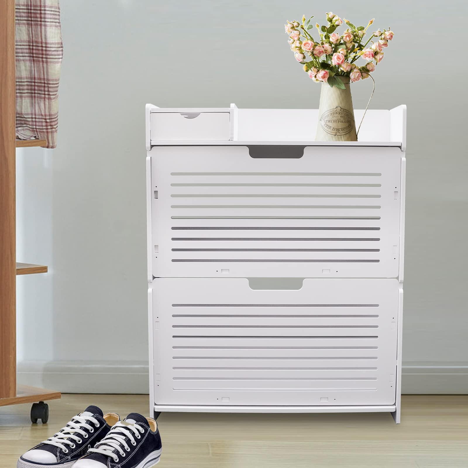 2 Tier Shoe Cabinet for Entryway - Modern Freestanding Shoe Rack Storage Organizer with Adjustable Shelves, White - Perfect for Small Spaces, Hallway, Closet & Apartment Organization