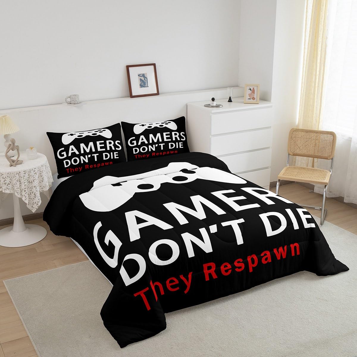 Erosebridal Reversible Gamepad Print Queen Gaming Comforter Set for Boys - Modern Gamer Bedding with 2 Pillowcases (Black/White) - Perfect for Kids, Teens & Youth Bedrooms, Gaming Themed Sleepovers & Gamer Decor