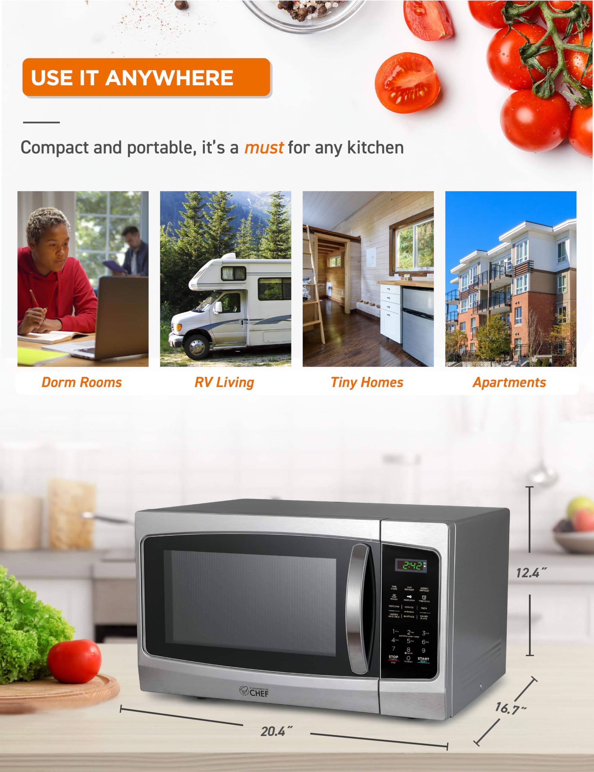 Commercial Chef 1.3 Cu Ft 1000W Stainless Steel Countertop Microwave with 10 Power Levels, Pull Handle Door Lock, Digital Controls & Timer - Perfect for Home Kitchen, Office Breakroom or Dorm Room