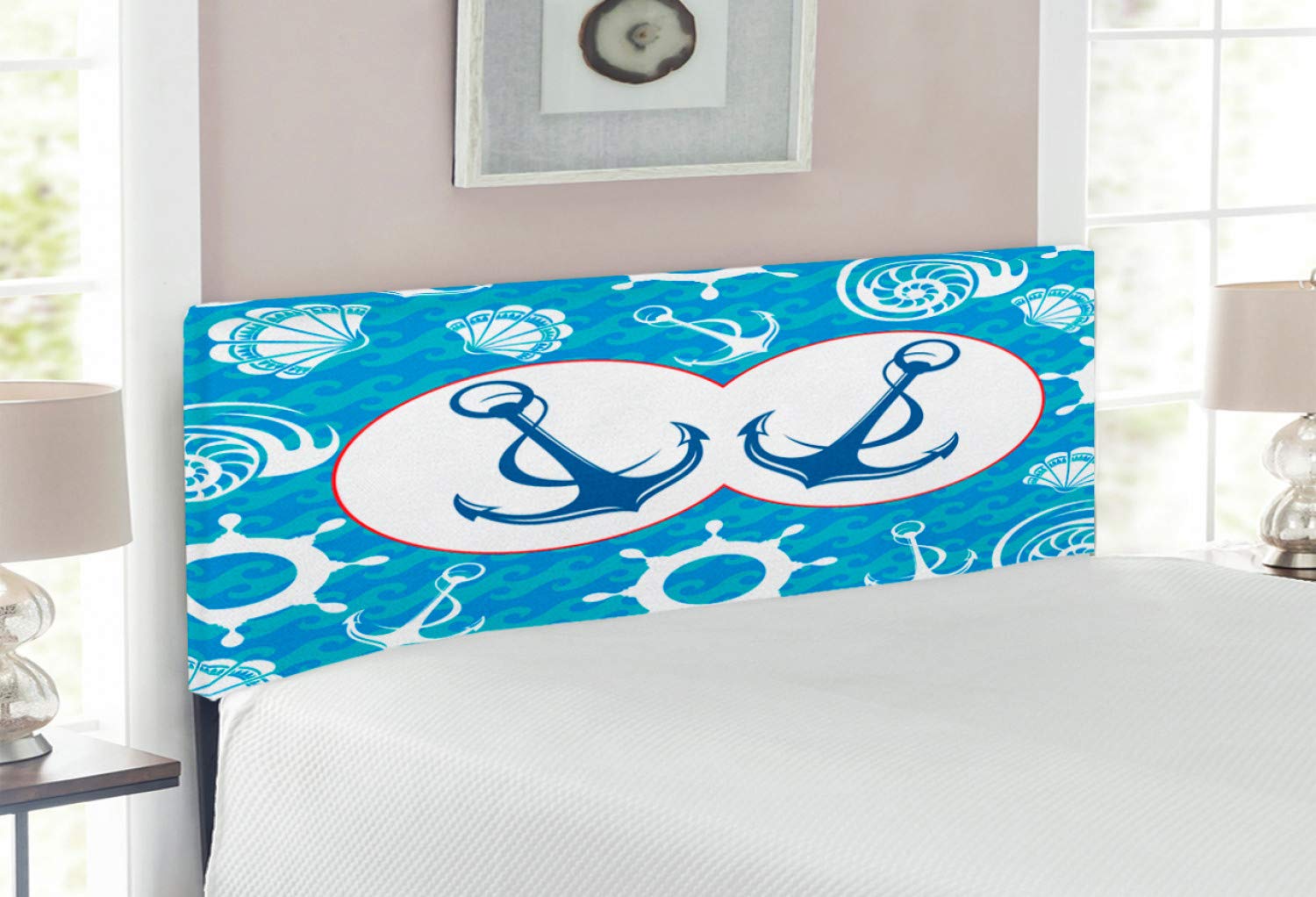 Ambesonne Nautical Upholstered Headboard - Full Size Sailboat Themed Bed Headboard with Memory Foam, Blue Turquoise White - Perfect for Coastal Bedroom Decor & Beach House Style