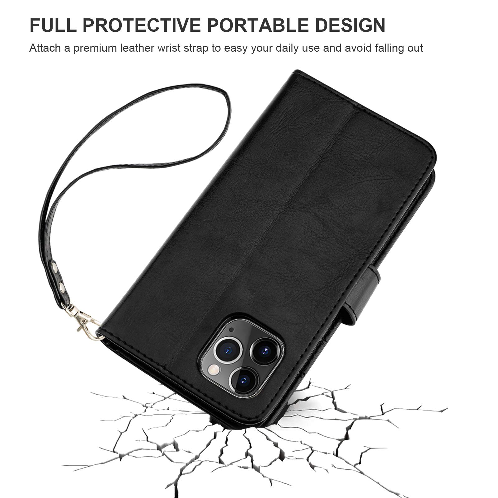 Premium PU Leather Magnetic Detachable Wallet Case for iPhone 11 Pro Max (6.5 inch) - Shockproof Flip Cover with Card Holder, Kickstand & Wrist Strap | Perfect for Daily Use, Travel & Hands-Free Viewing (Black)