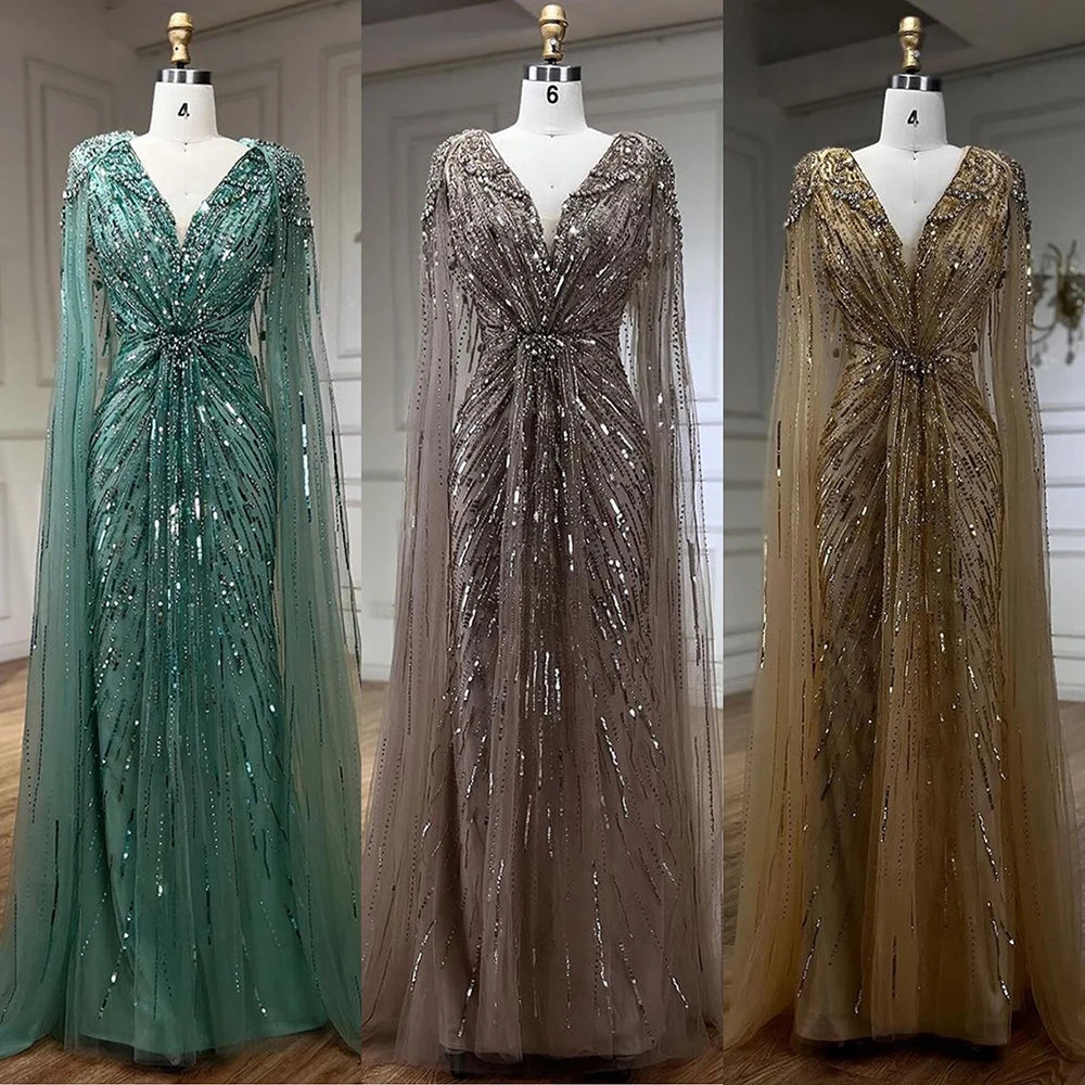 Serene Hill Arabic Turquoise Mermaid Beaded Cape Sleeves Elegant Evening Dress Gown 2025 for Women - Wedding, Prom, Gala & Special Occasion Formal Wear