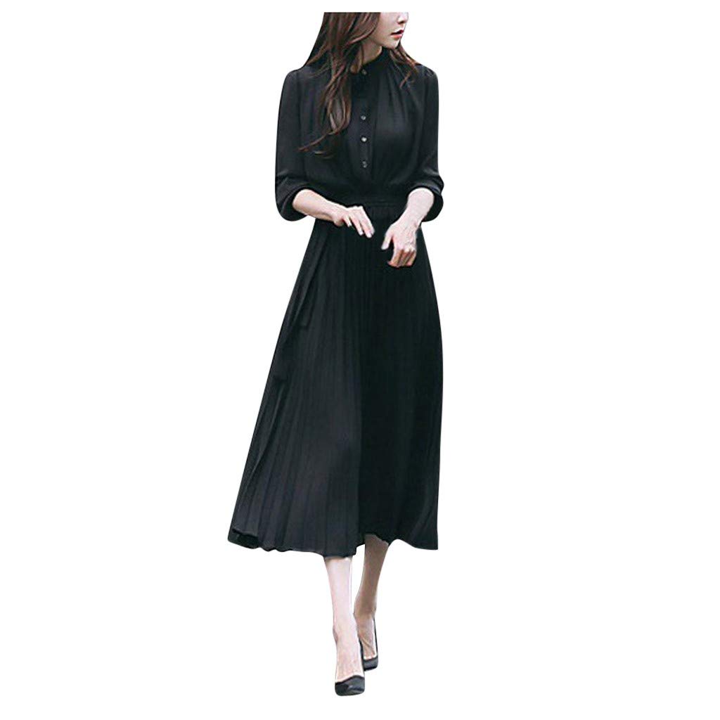 Elegant Women's Maxi Pleated Dress with Long Sleeves & Waist Beam - Casual Lapel Plain Long Dress for Office, Party & Special Occasions