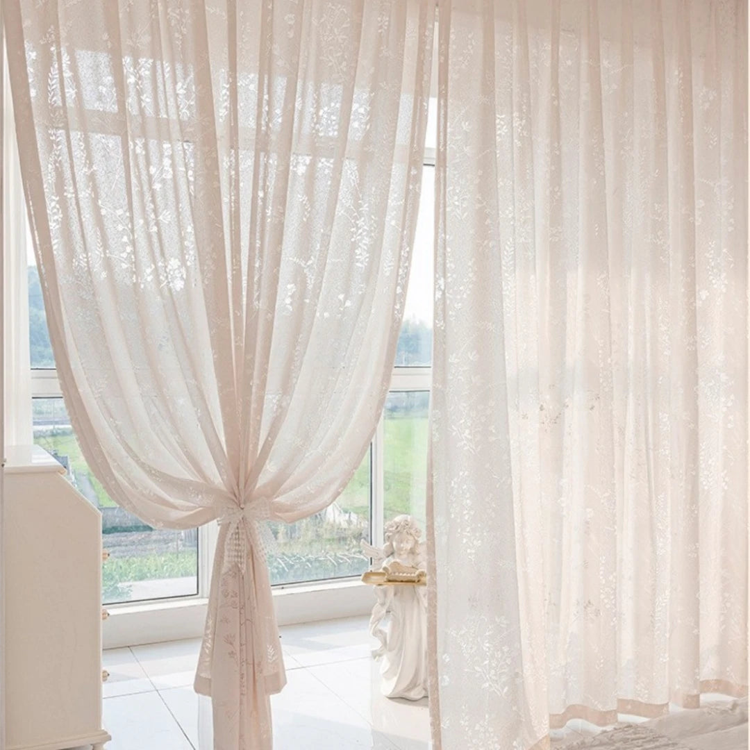 Miriam Delicate Botanical Semi-Sheer Custom Curtains for Living Room & Bedroom - Floral Sheer Window Drapes with Nature-Inspired Design for Home Decor