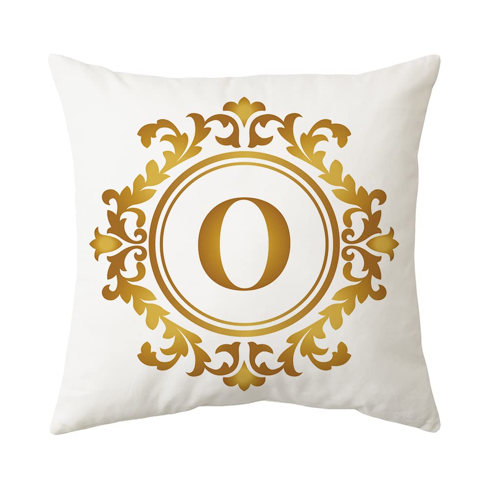 LIGUOGUO 18x18 Inch White & Gold Baroque Alphabet Letter O Throw Pillow Cover with Zipper - Modern Minimalist Decorative Cushion Case for Sofa, Couch, Bed, Living Room - Perfect for Home Decor, Nursery, Dorm Room & Gift Giving