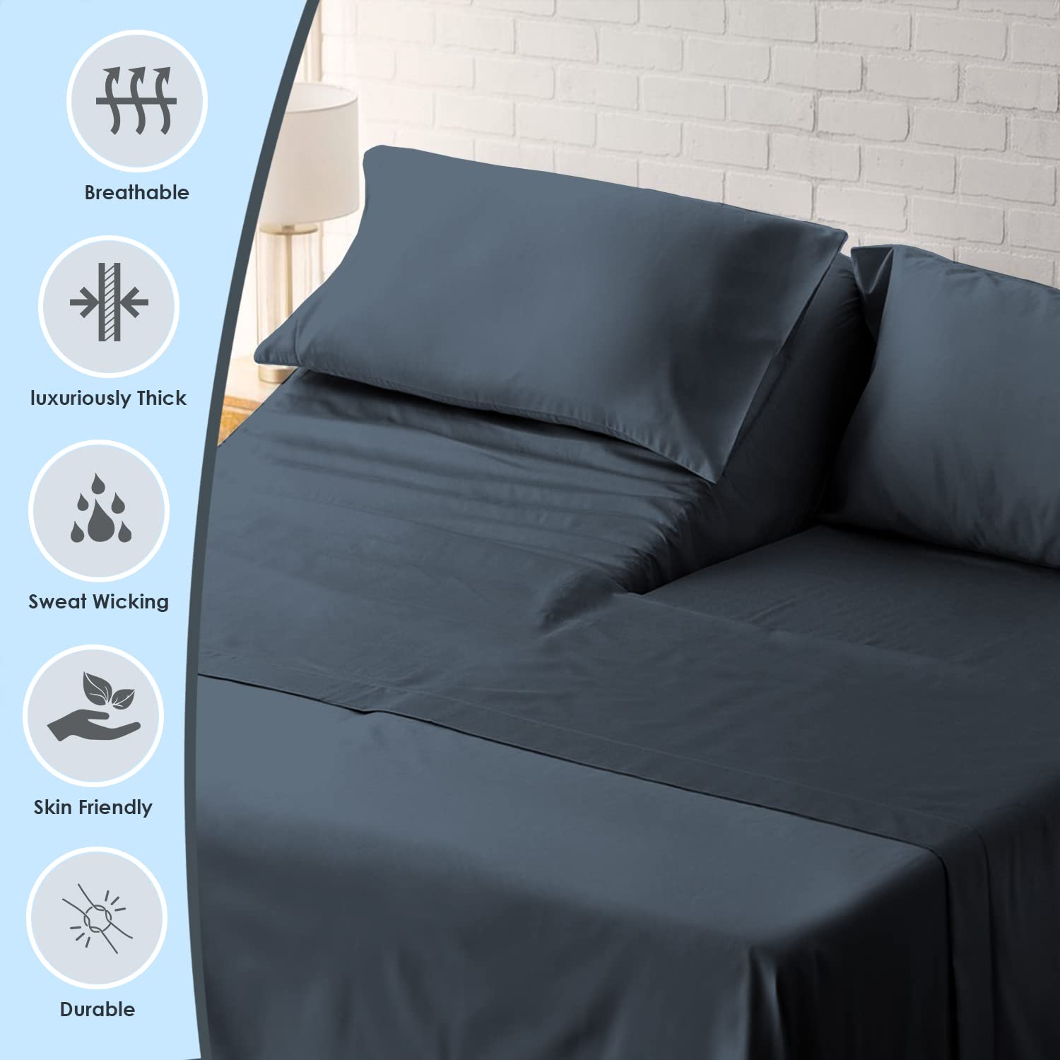 Pizuna 100% Luxury Cotton Split King Bed Sheets Set - 5PC, Dark Blue, 1000 Thread Count, Long Staple Combed Cotton, Thick Sateen Weave, Fits Adjustable Beds with 15