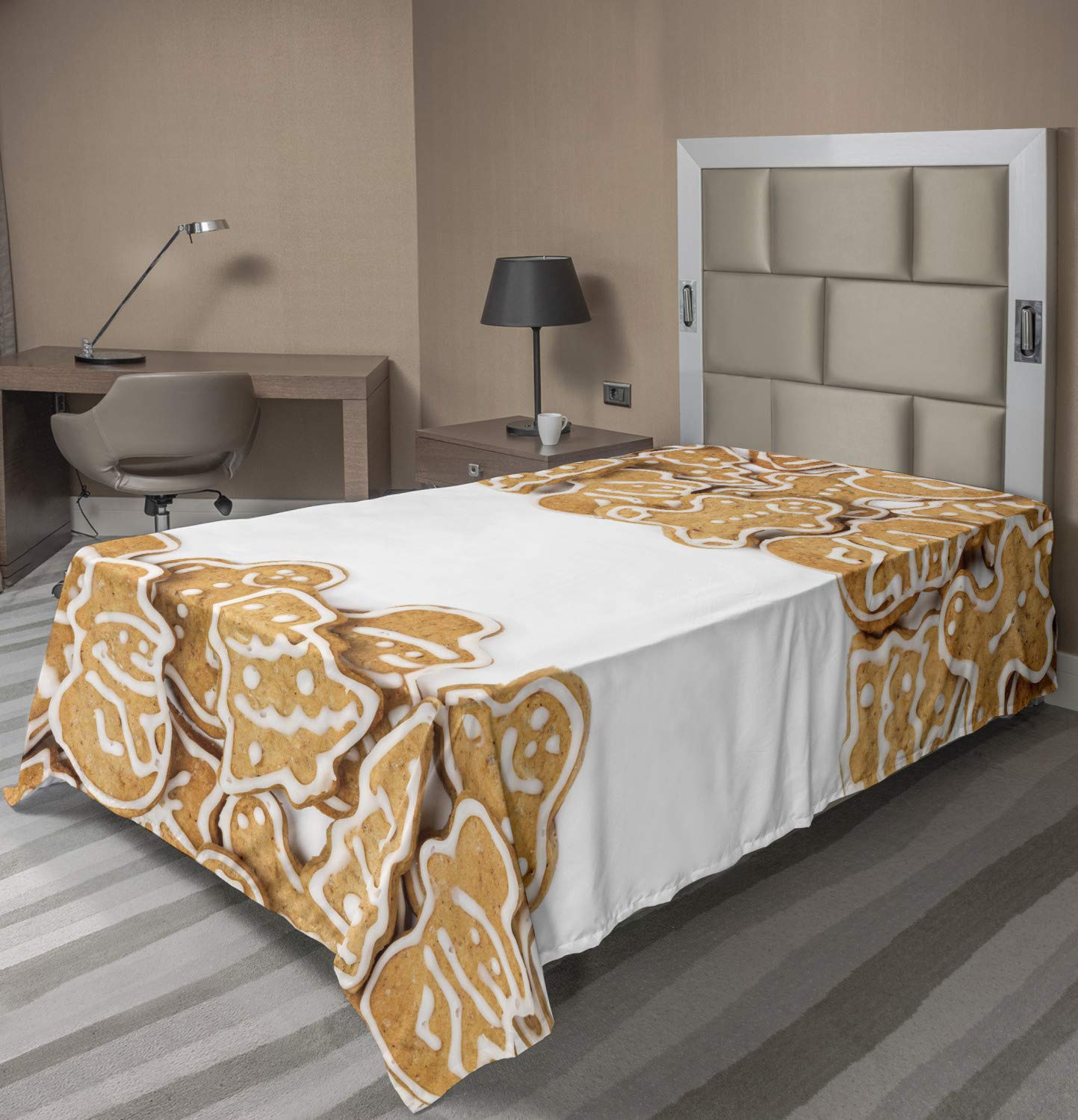Ambesonne Cookie Flat Sheet - Crunchy Aromatic Snacks Design with Icing Outlines, Soft Comfortable TwinXL Top Sheet - Sand Brown & White Decorative Bedding for Kids Room, Dorm, or Guest Bedroom