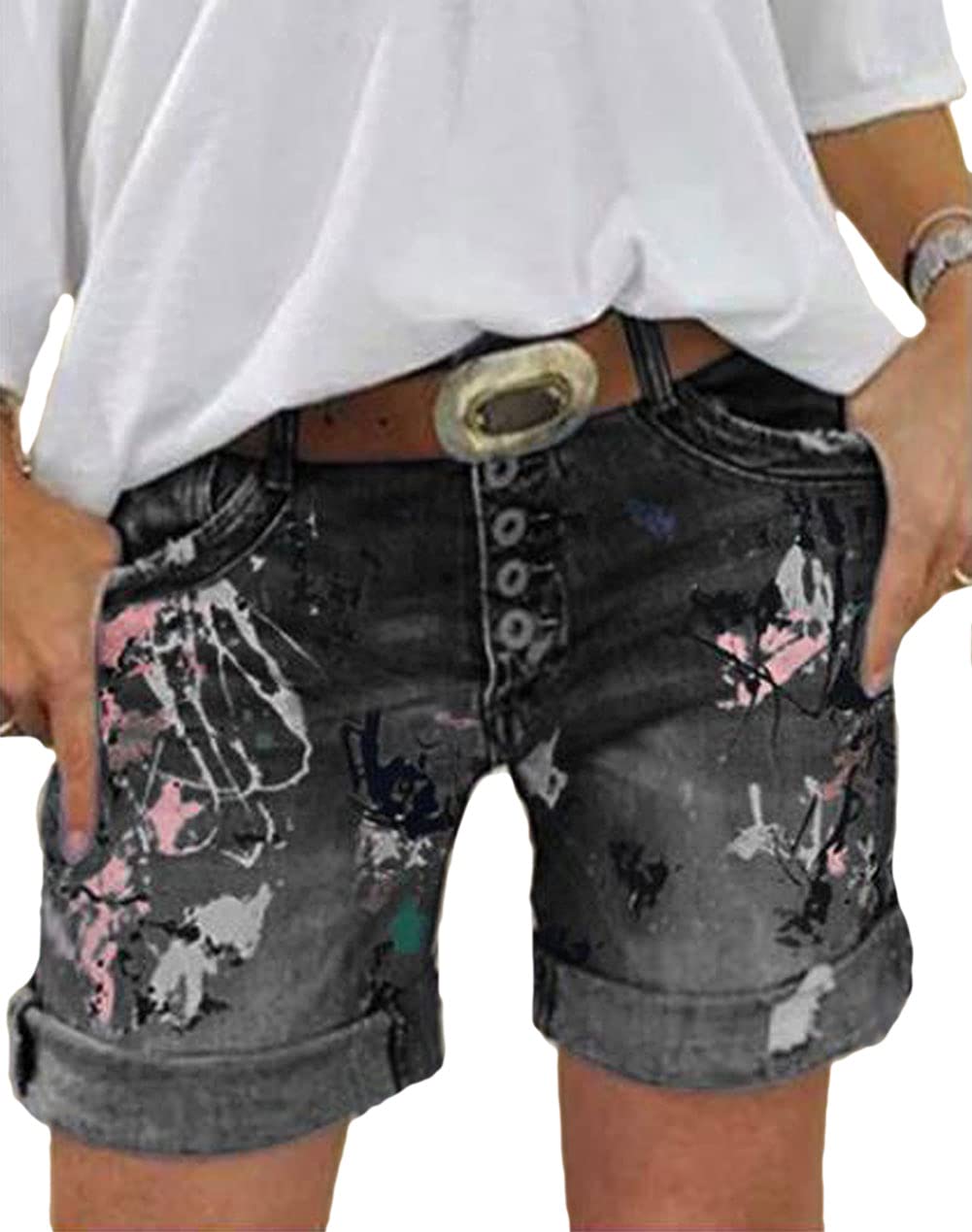 CHARTOU Women's High Waist Vintage Printed Denim Shorts - 5 Button Roll Up Casual Summer Shorts for Beach, Music Festivals & Boho Style Outfits
