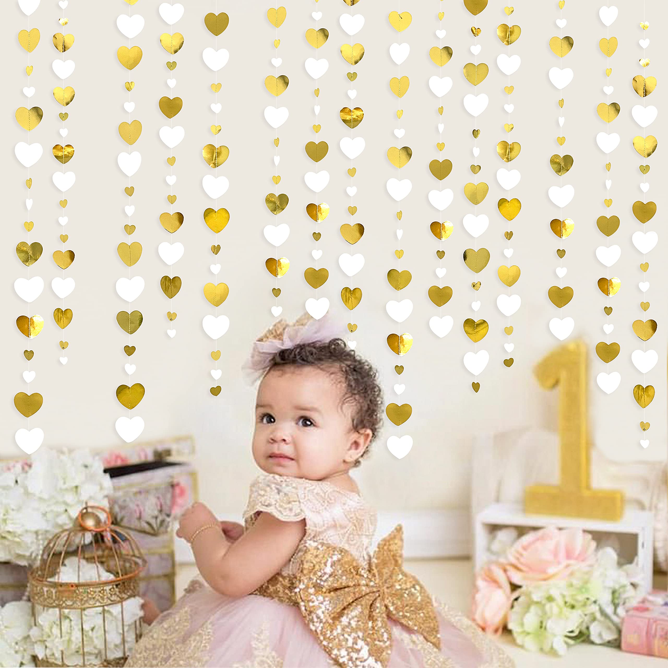 White and Gold Heart Garland - Valentine's Day Party Decorations for Anniversary, Bachelorette, Mother's Day, Engagement, Wedding, Bridal Shower & Birthday | Romantic Hanging Love Streamer Banner for Home & Event Decor