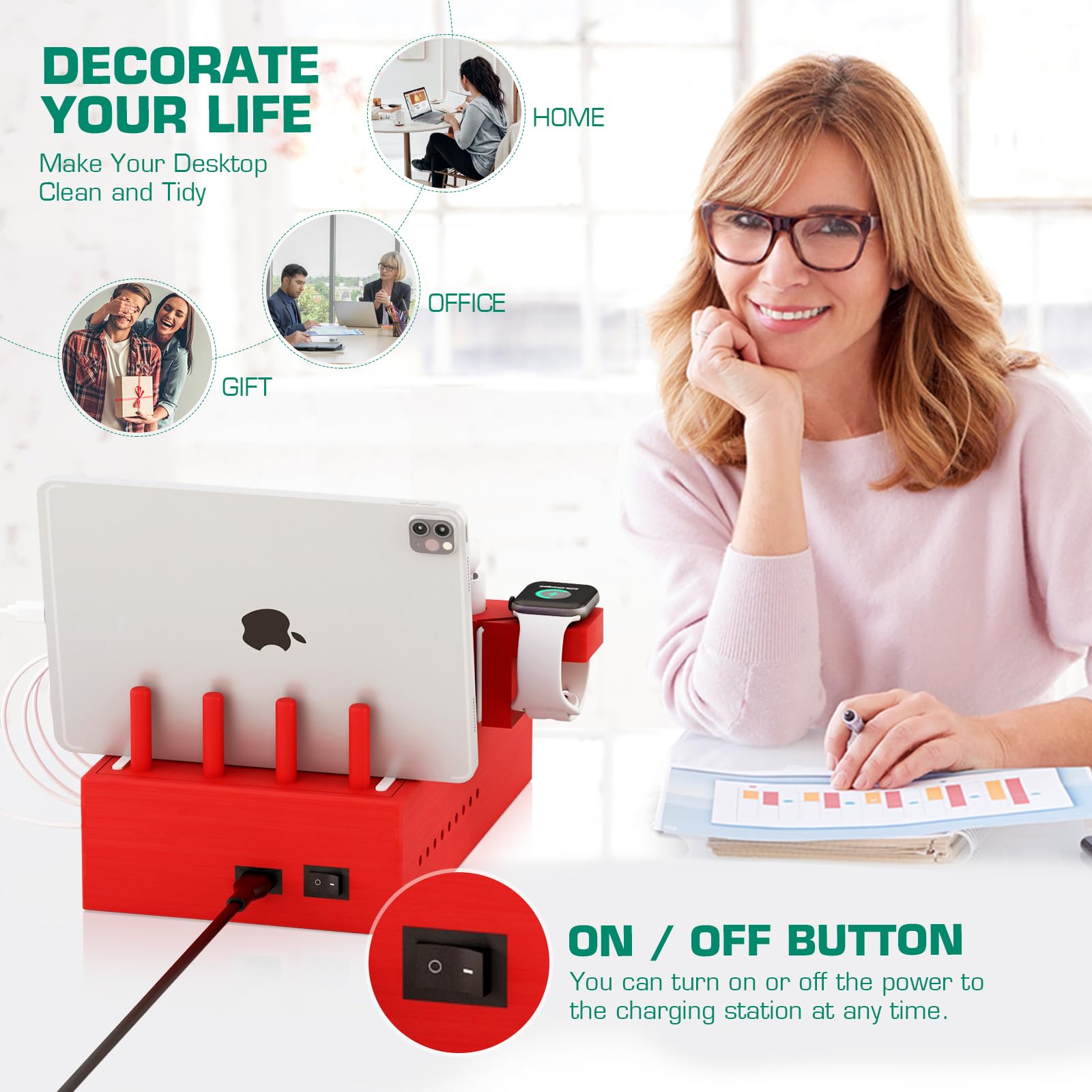 Darfoo Bamboo Wireless Charging Station - Qi Certified Fast Charger with 7 USB Ports for iPhone, Samsung, AirPods, Smartwatch & Tablets | Multi-Device Wood Organizer for Home, Office & Travel (Red)