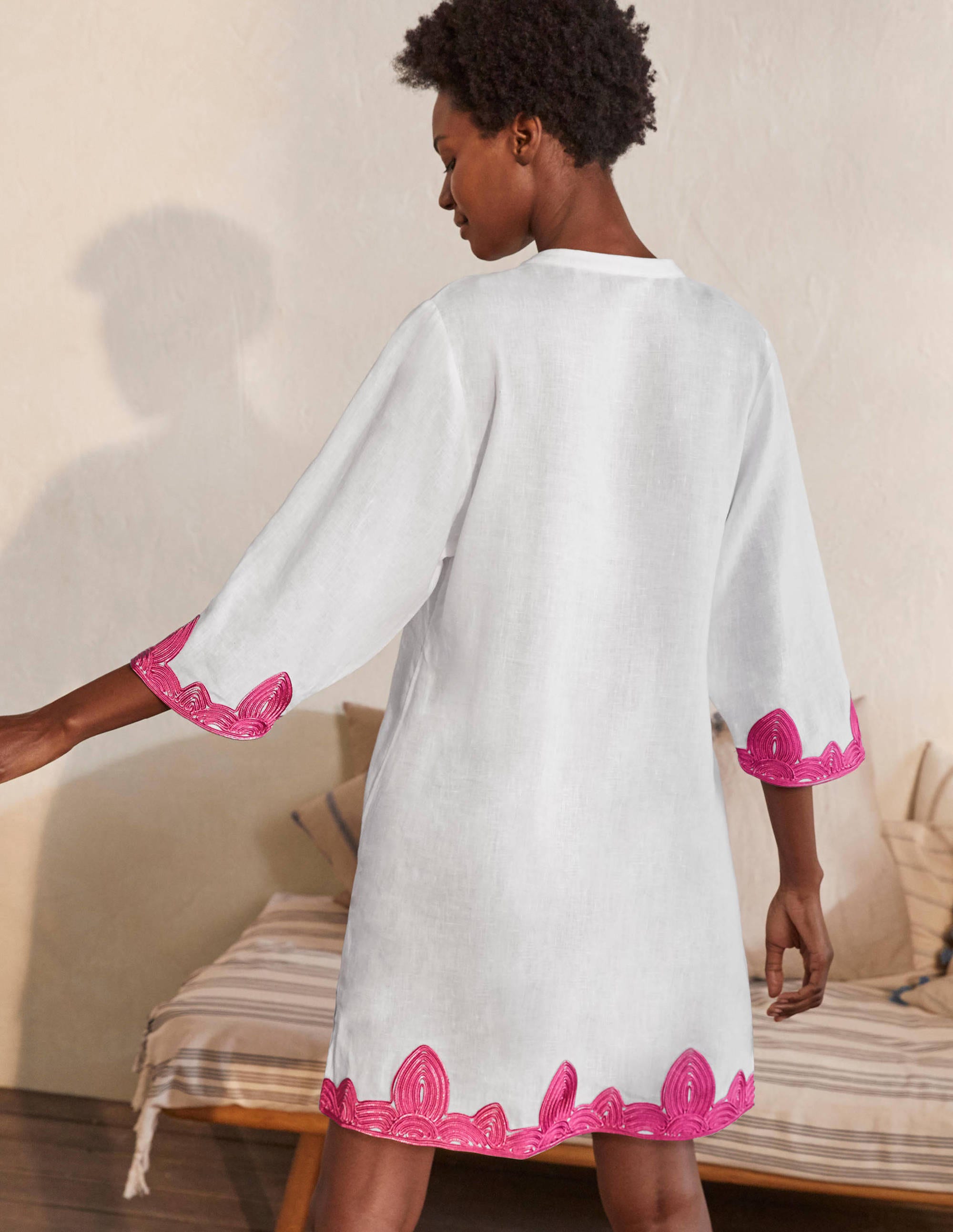 Bella Embroidered Linen Dress - White & Party Pink - Summer Wedding Guest Dress & Garden Party Outfit
